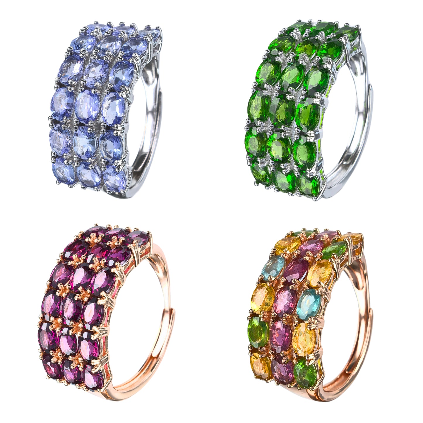 Sparkling Rhodium/Rose Gold Plated Silver 925 Jewelry Natural Tanzanite/Diopside/Pyrope/Tourmaline Ring