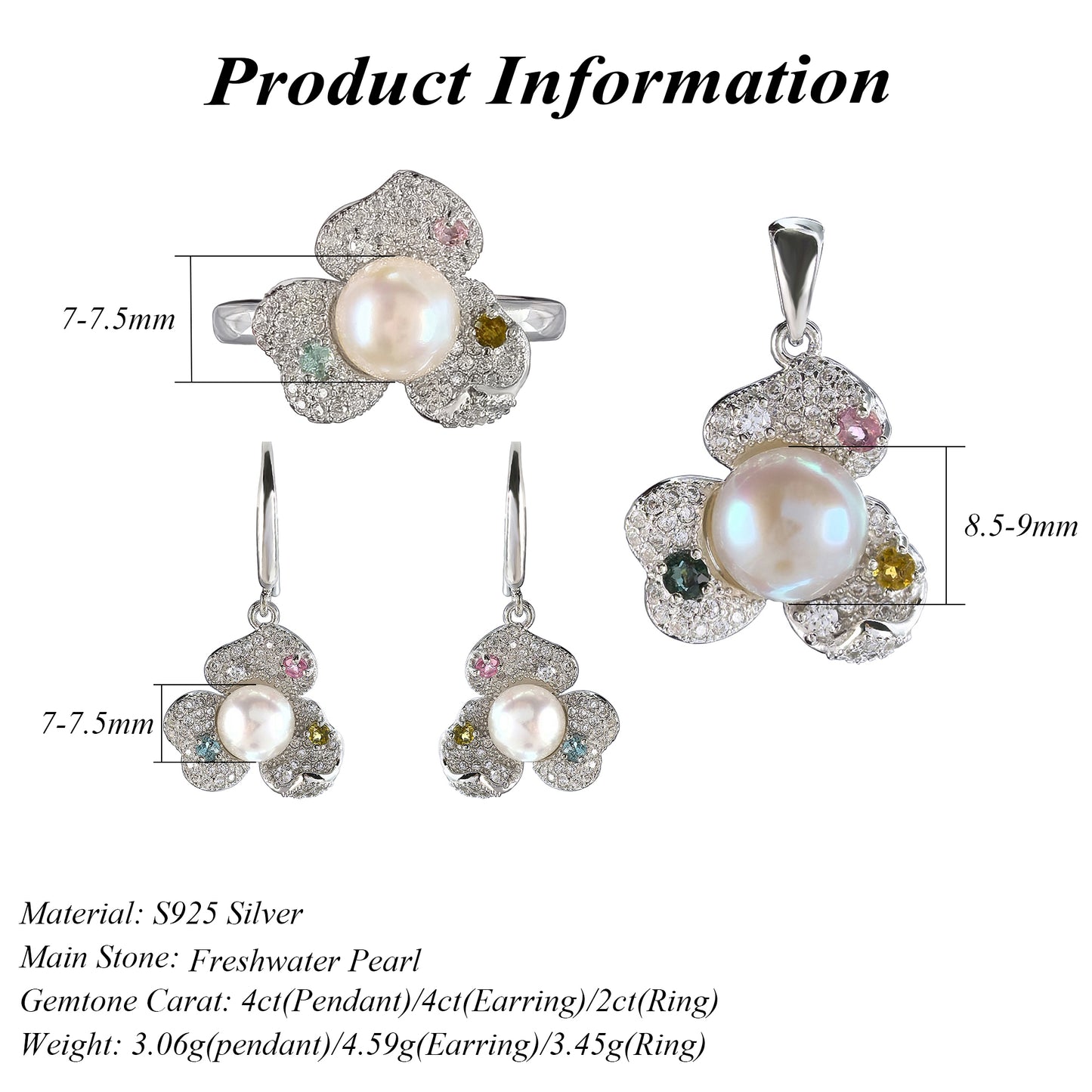 Elegant 925 Sterling Silver Freshwater Pearl Flower Jewelry Set Rhodium Plated