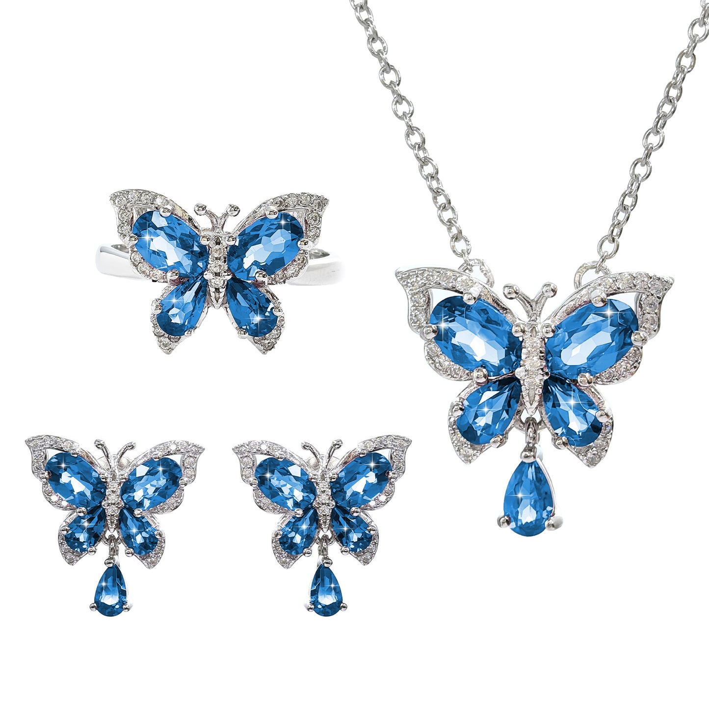 925 Silver Jewelry Rhodium Plated Natural London Blue Topaz Jewelry Set