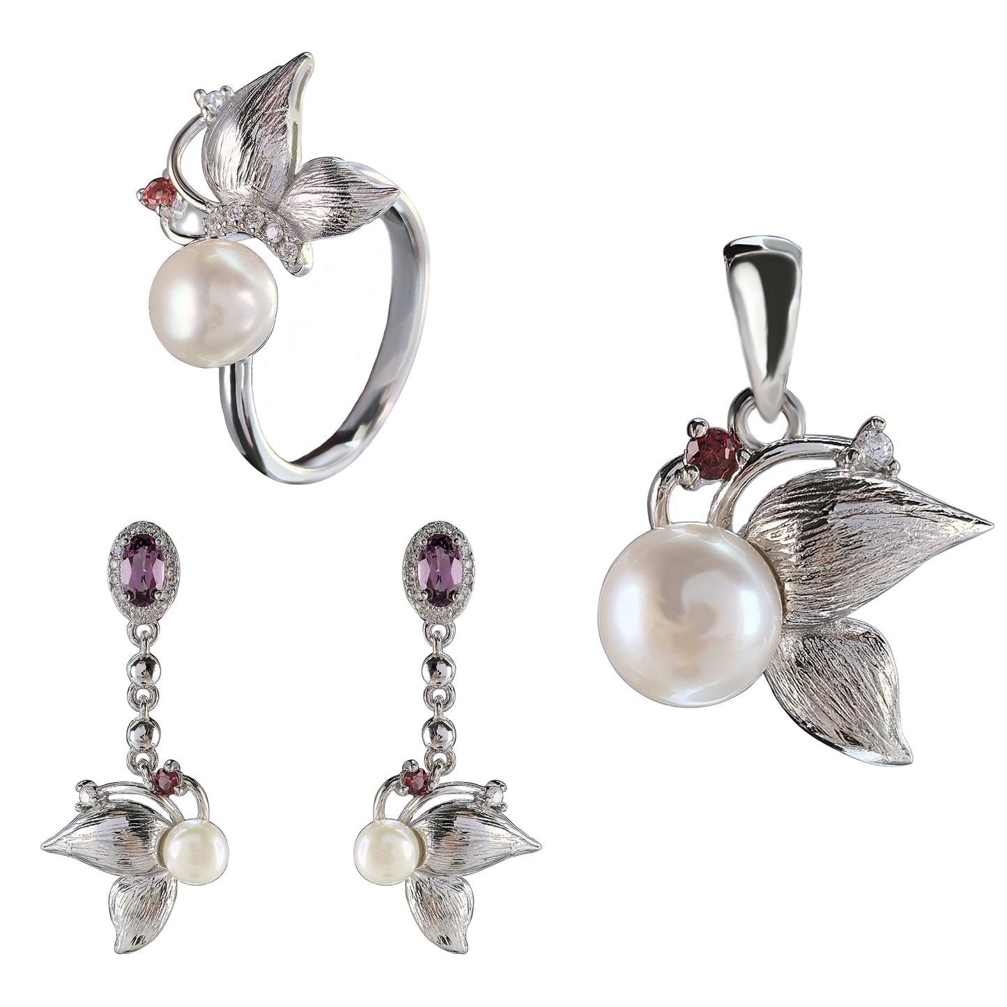Lustrous 925 Sterling Silver Jewelry Sets Rhodium Plated Freshwater Pearl
