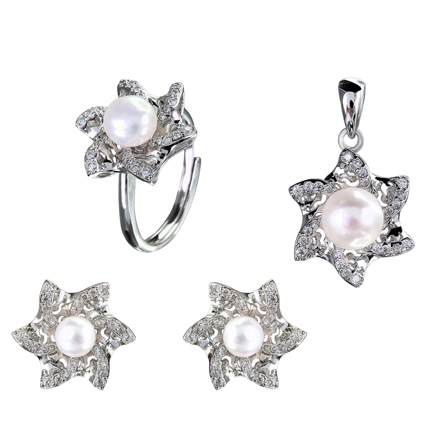 925 Sterling Silver Freshwater Pearl Hexagram Jewelry Set Rhodium Plated