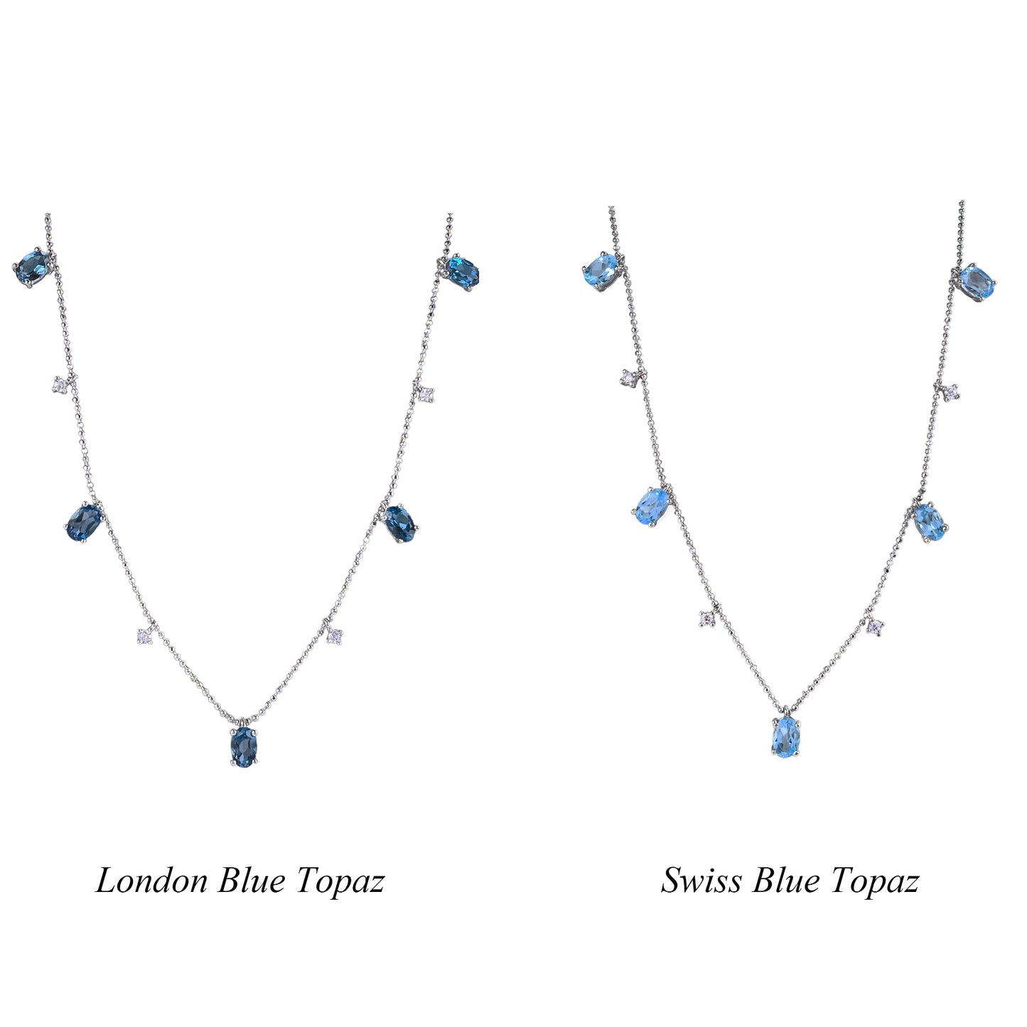 Elegant Rhodium Plated Silver 925 Natural Swiss Blue Topaz/London Blue Topaz Necklace