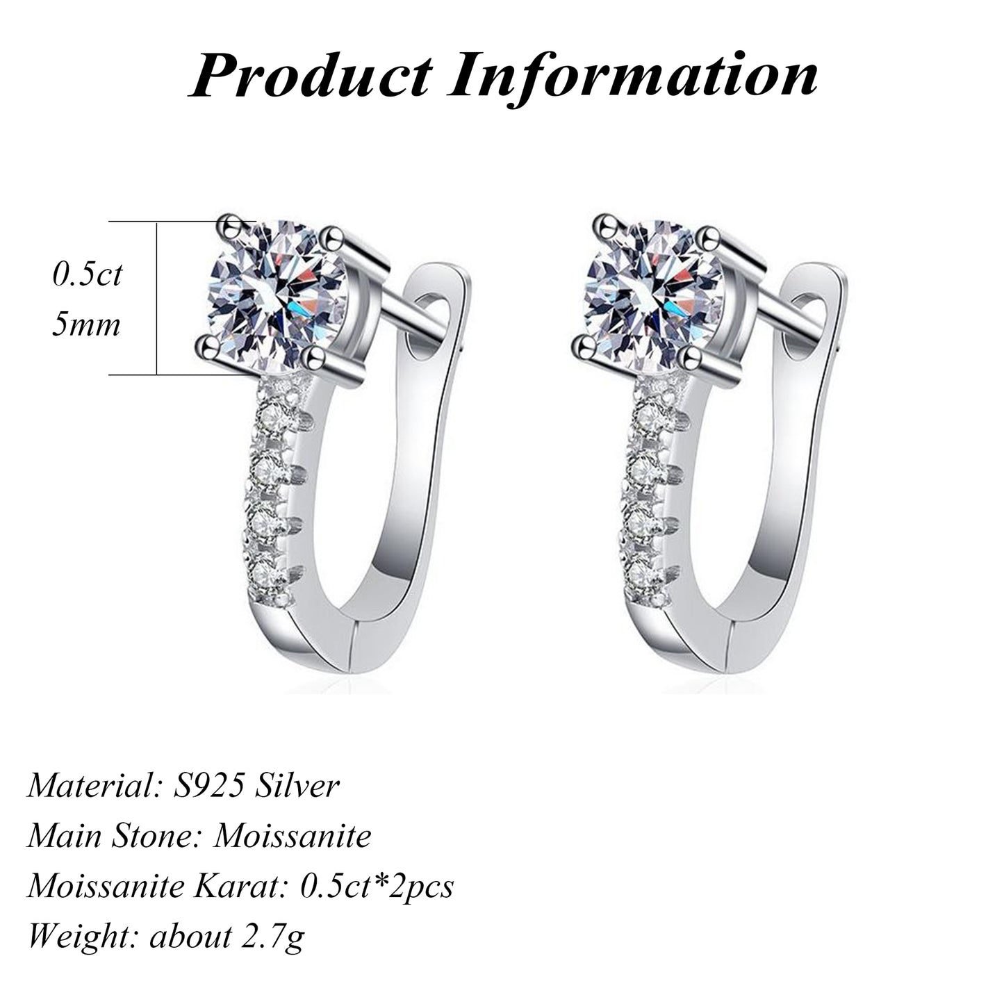 GRA Certified D Color Moissanite U Shape Hoop Earring 925 Sterling Silver