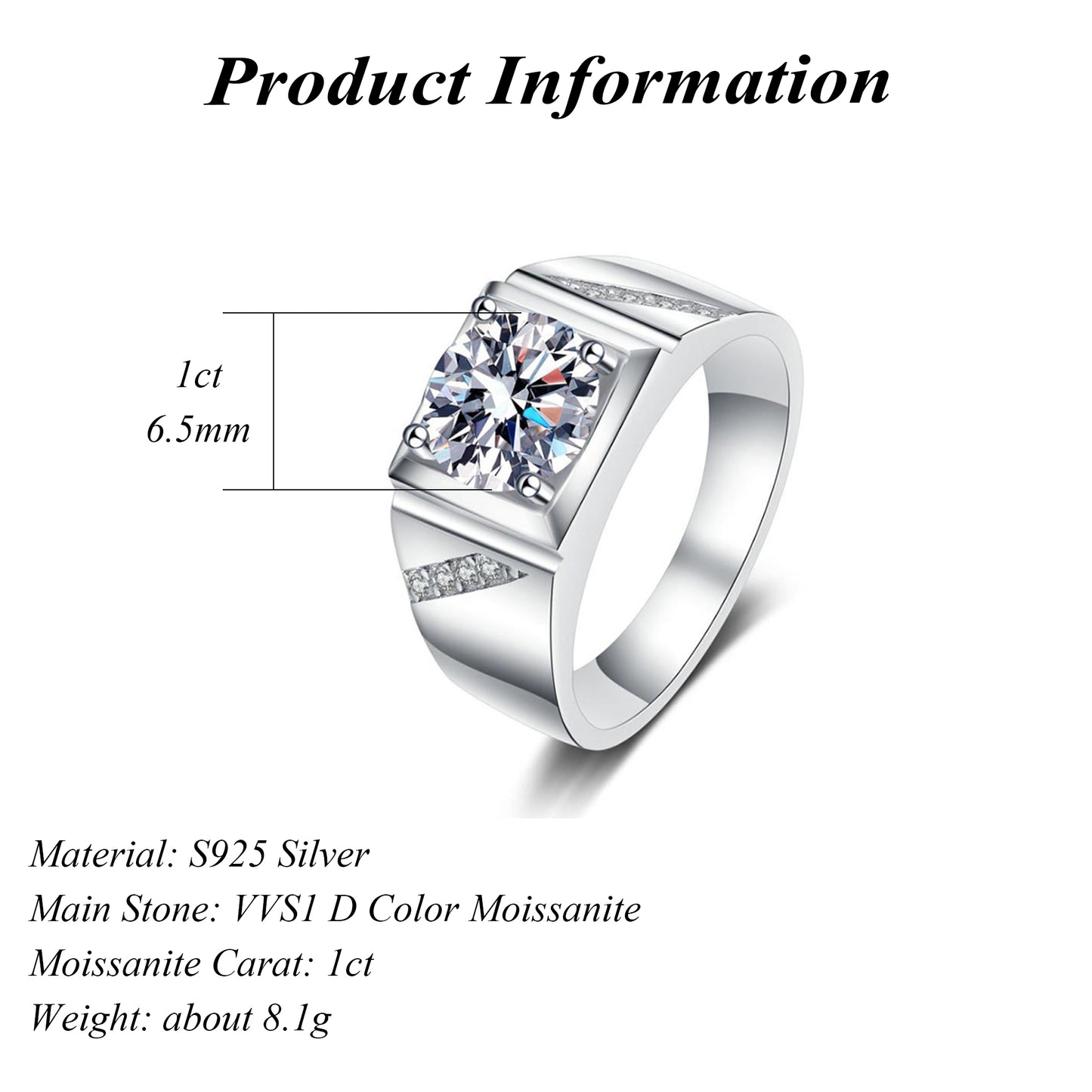 1ct Simple Design Silver Rings for Men 925 Moissanite Men Ring with DEF VVS1 with GRA Certificate Pass Diamond Tester