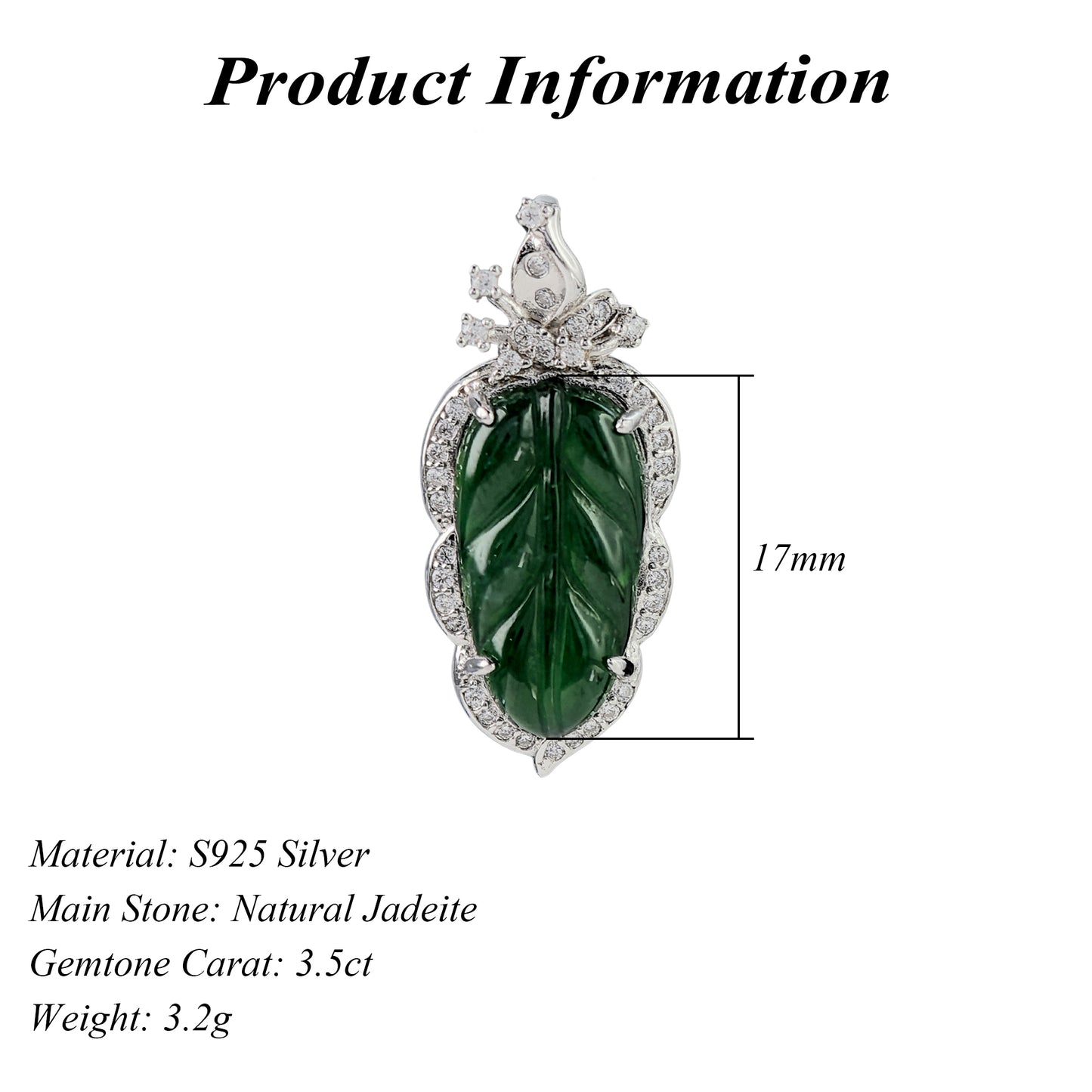 Graceful Rhodium Plated 925 Silver Jewelry Natural Jadeite Leaf Pendant