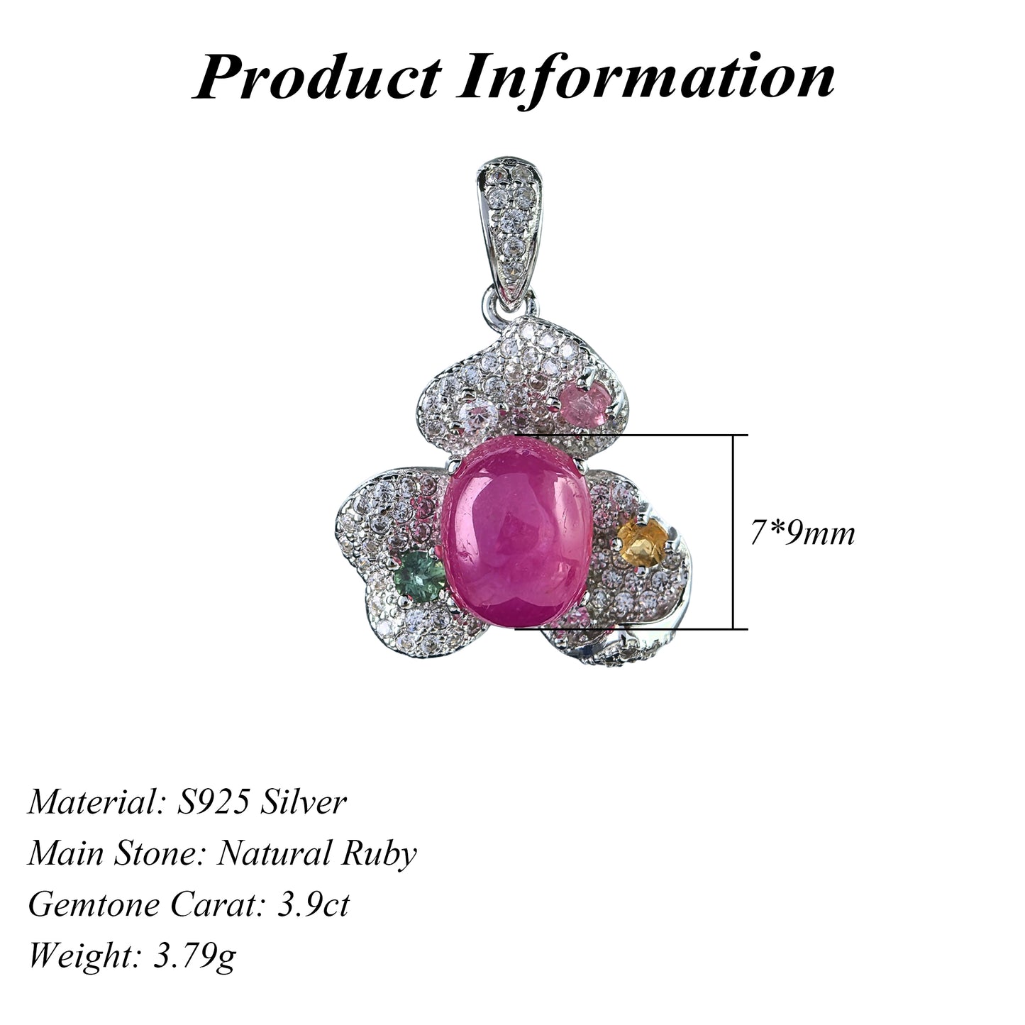 Elegant Rhodium Plated 925 Silver Jewelry Glassfilled Ruby Flower Pendant