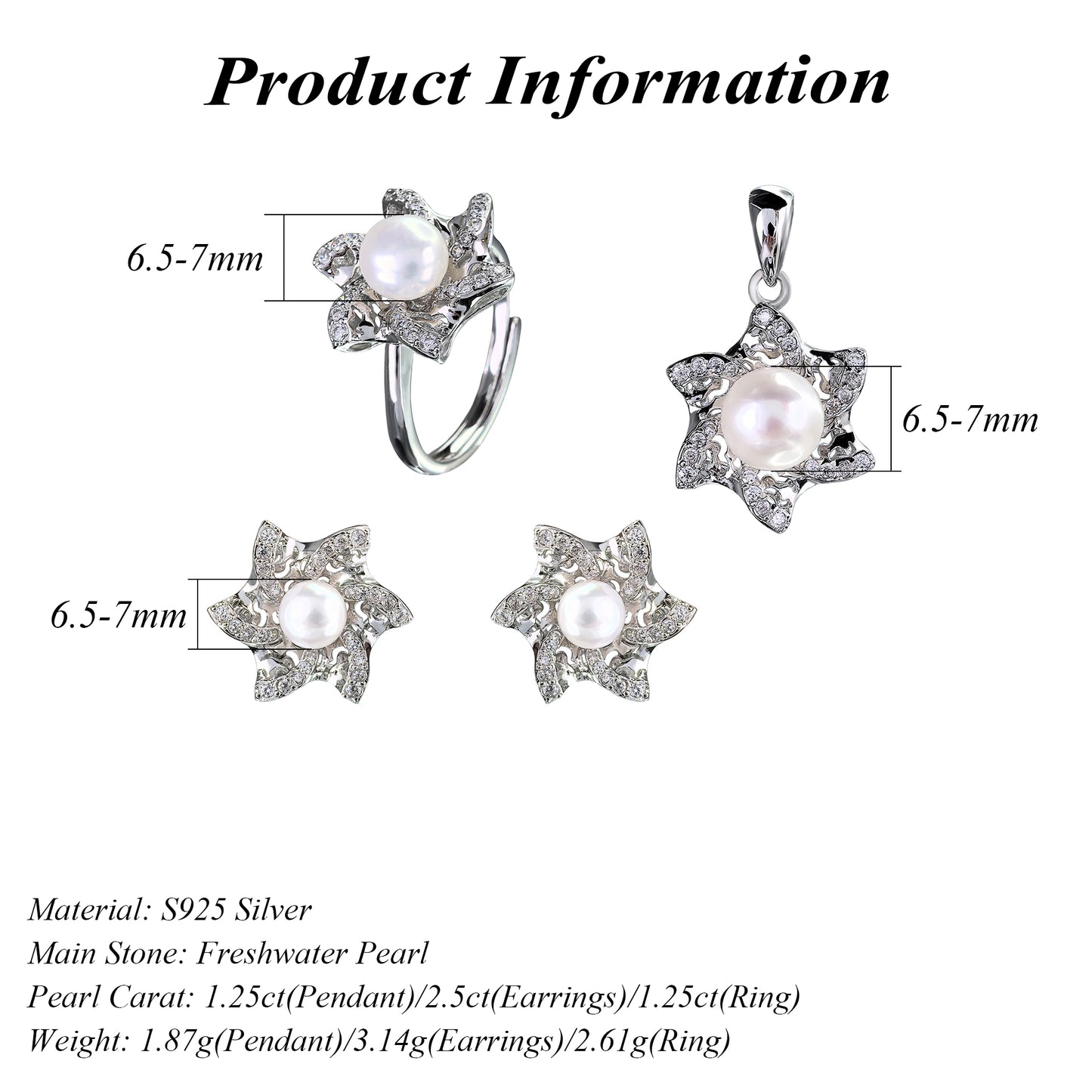 925 Sterling Silver Freshwater Pearl Hexagram Jewelry Set Rhodium Plated