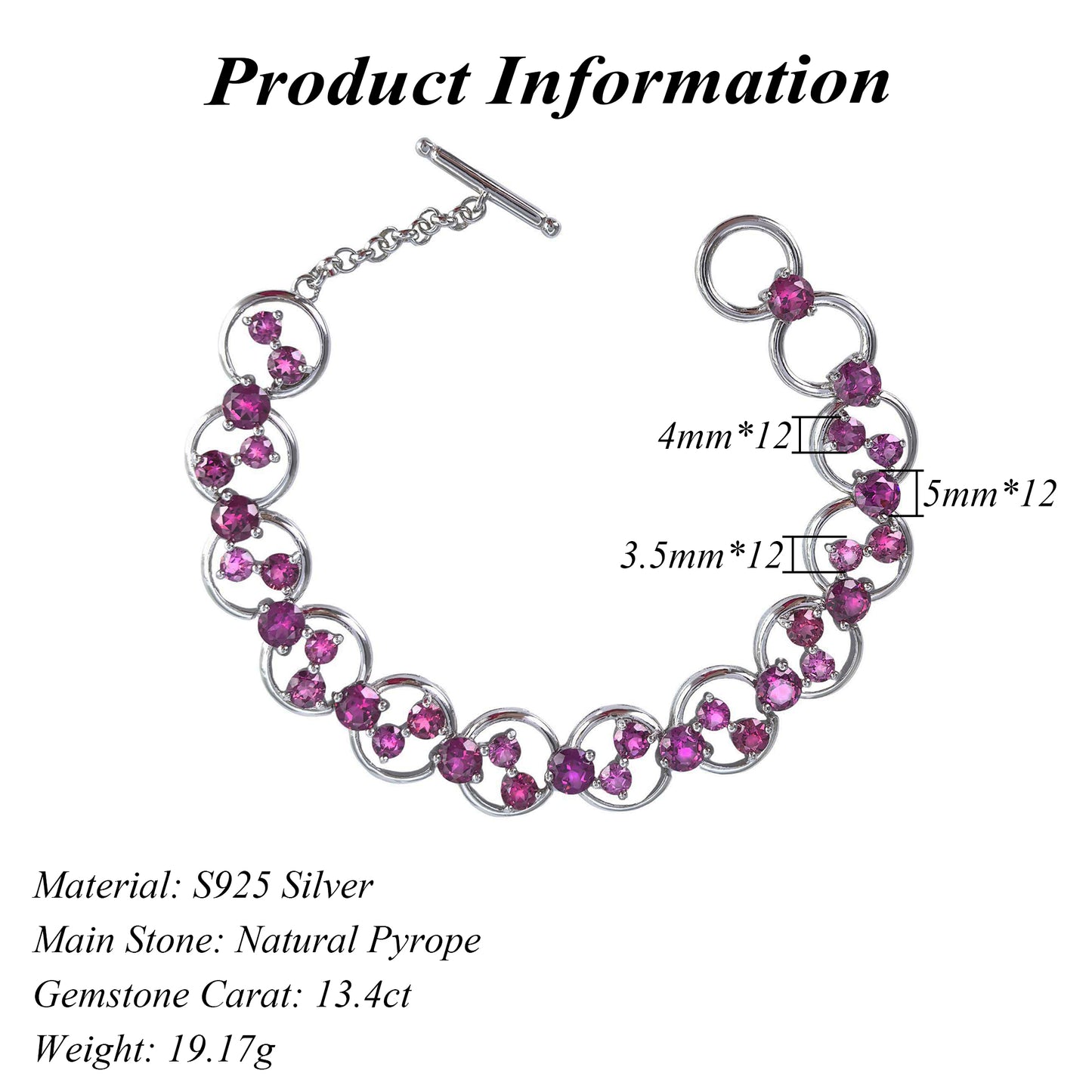 Delicate Rhodium Plated Silver 925 Jewelry Natural Pyrope Bracelet