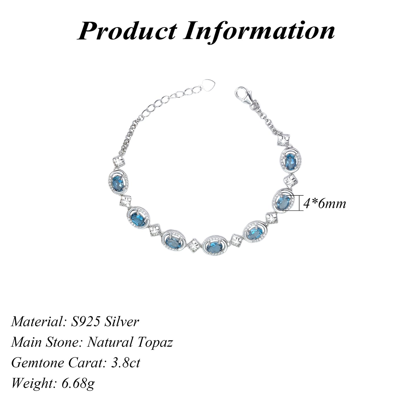 Exquisite Rhodium Plated 925 Silver Bracelet with Natural London Blue Topaz