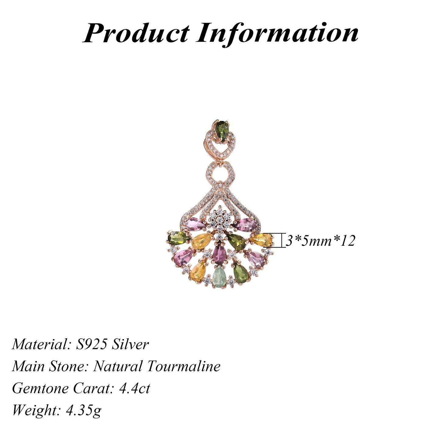 Rose Gold Plated 925 Sterling Silver Natural Tourmaline Pendant Exquisite Charm