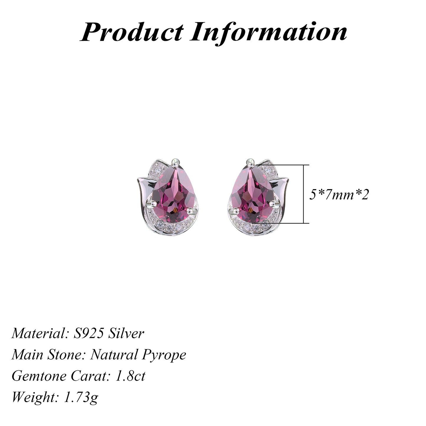 Tiny Rhodium Plated S925 Silver Pear Cut Natural Pyrope Stud Earrings