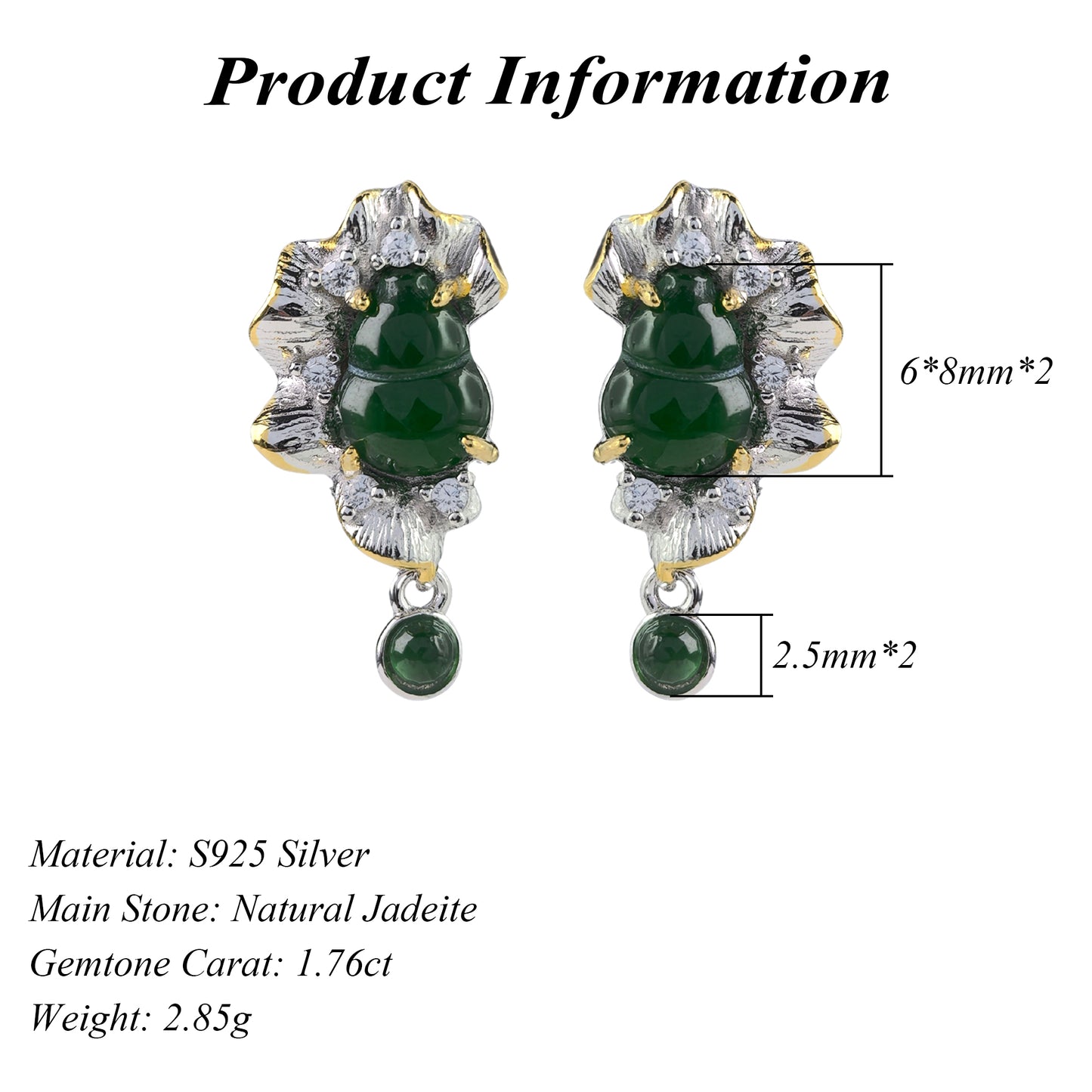 Classic Dual Color Plated 925 Silver Jewelry Natural Jadeite Drop Earrings