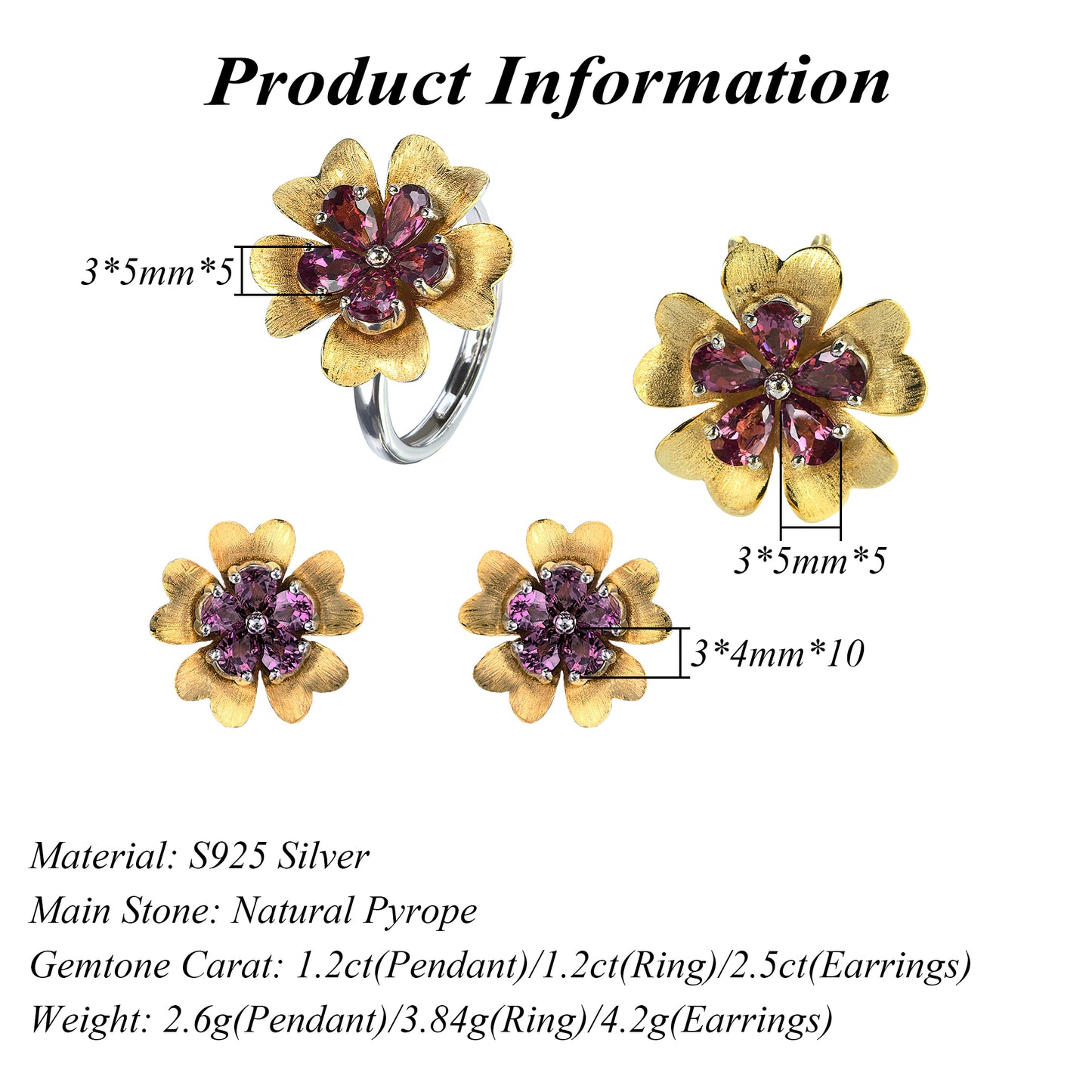 Elegant Dual Color Plated Silver 925 Jewelry Natural Pyrope Flower Jewelry Set