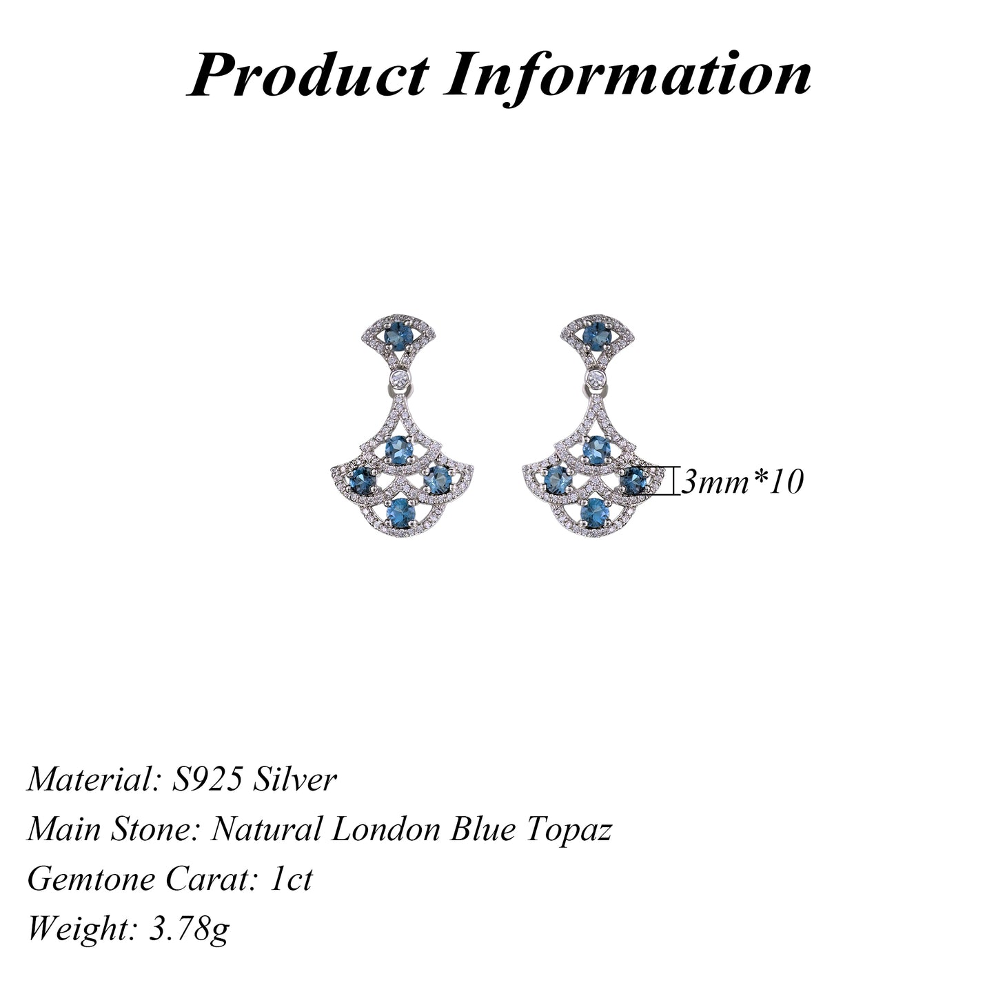 Graceful Rhodium Plated Silver 925 Jewelry Natural London Blue Topaz Drop Earrings