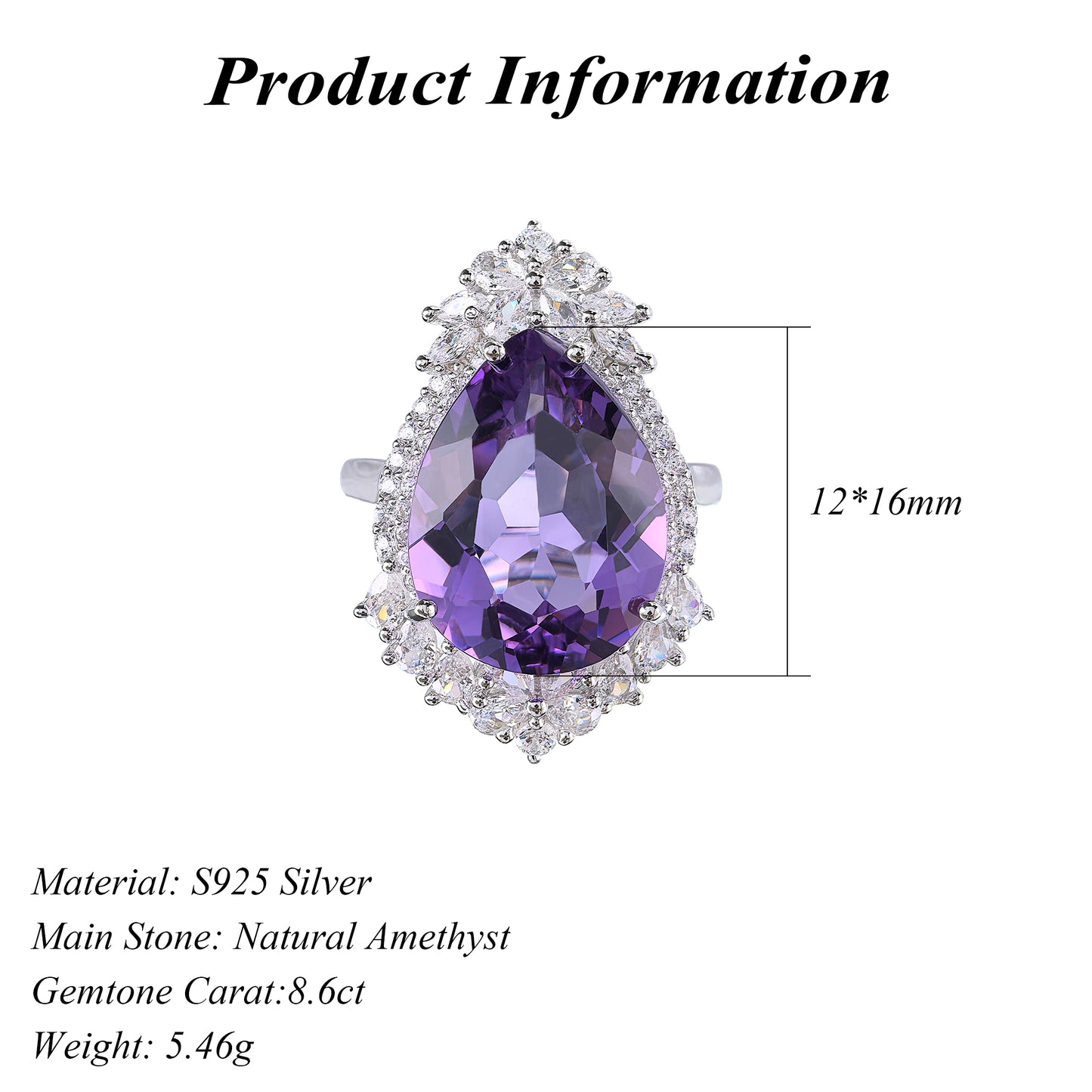 Elegant Rhodium Plated 925 Silver Jewelry Natural Amethyst Ring