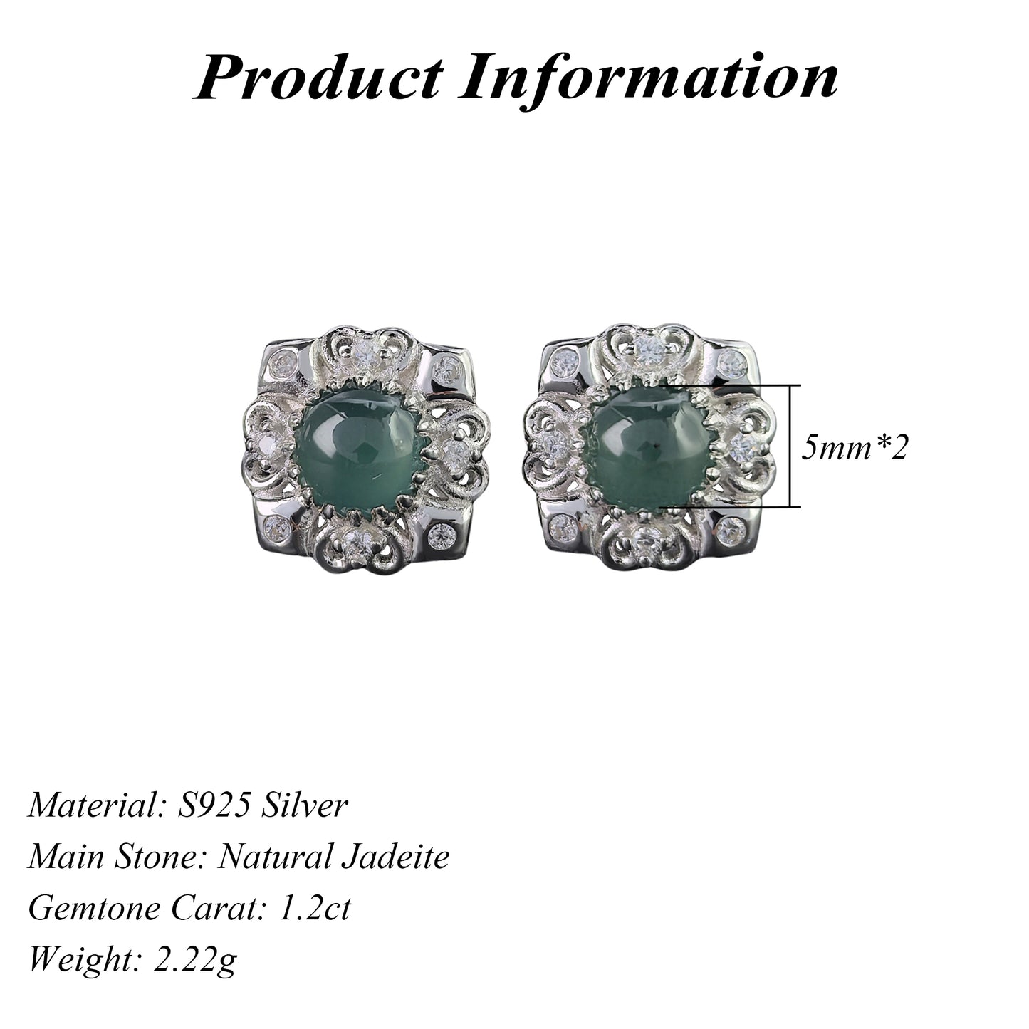 Delicate Rhodium Plated 925 Silver Jewelry Natural Jadeite Flower Stud Earrings