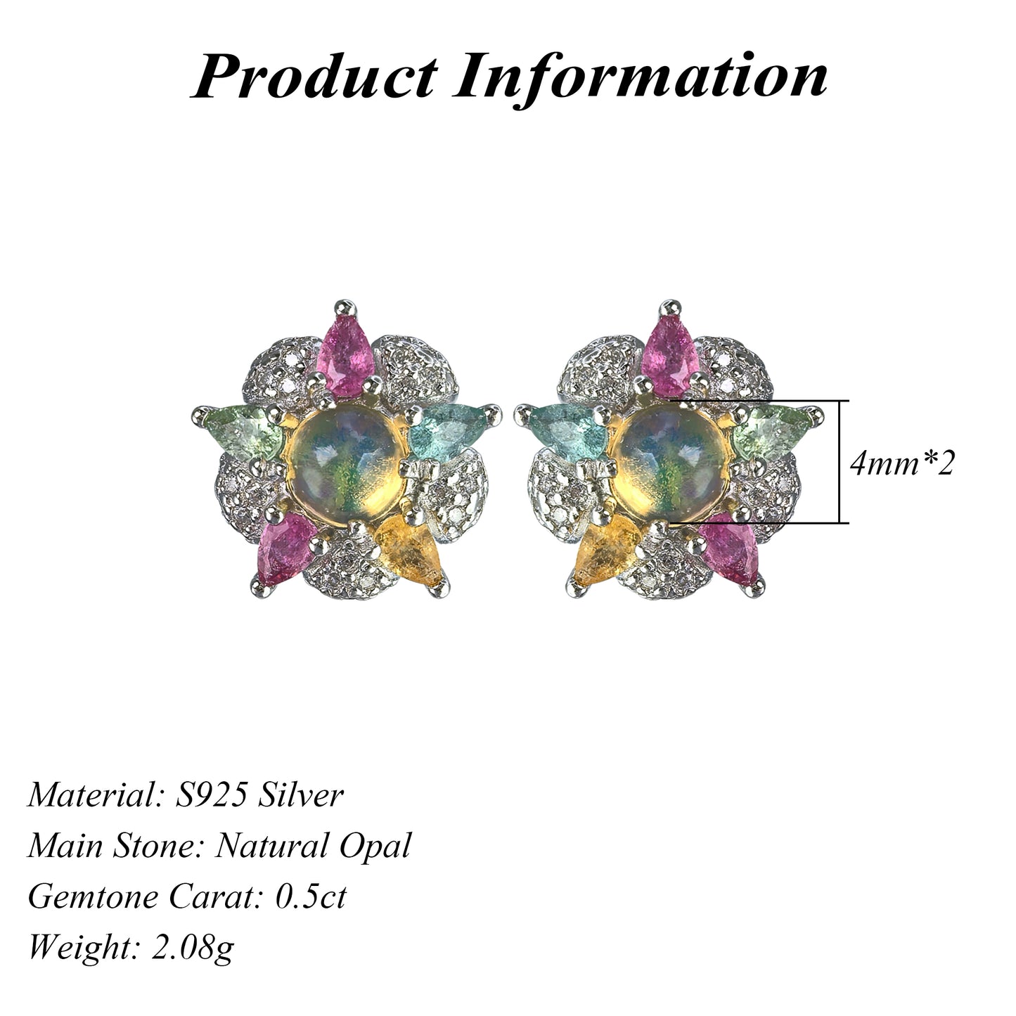 Elegant Rhodium Plated 925 Silver Jewelry Natural Opal Flower Stud Earrings