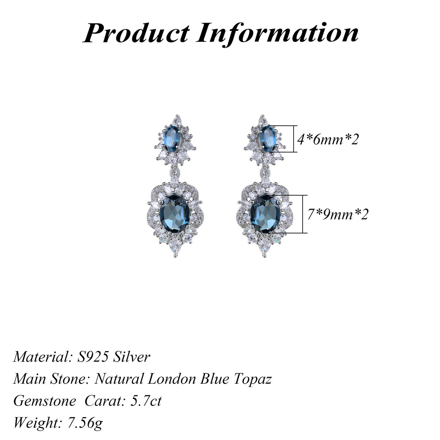 Elegant Rhodium Plated 925 Silver Oval Cut Natural London Blue Topaz Drop Earrings