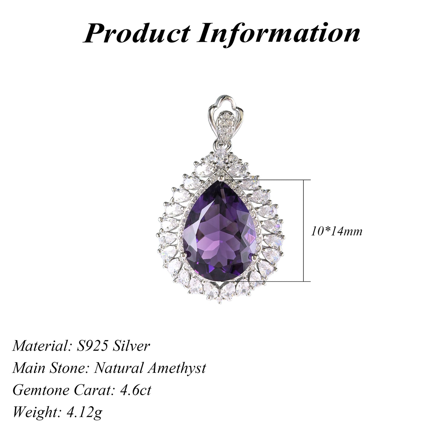 Sparkling Rhodium Plated 925 Silver Jewelry Natural Amethyst Pendant
