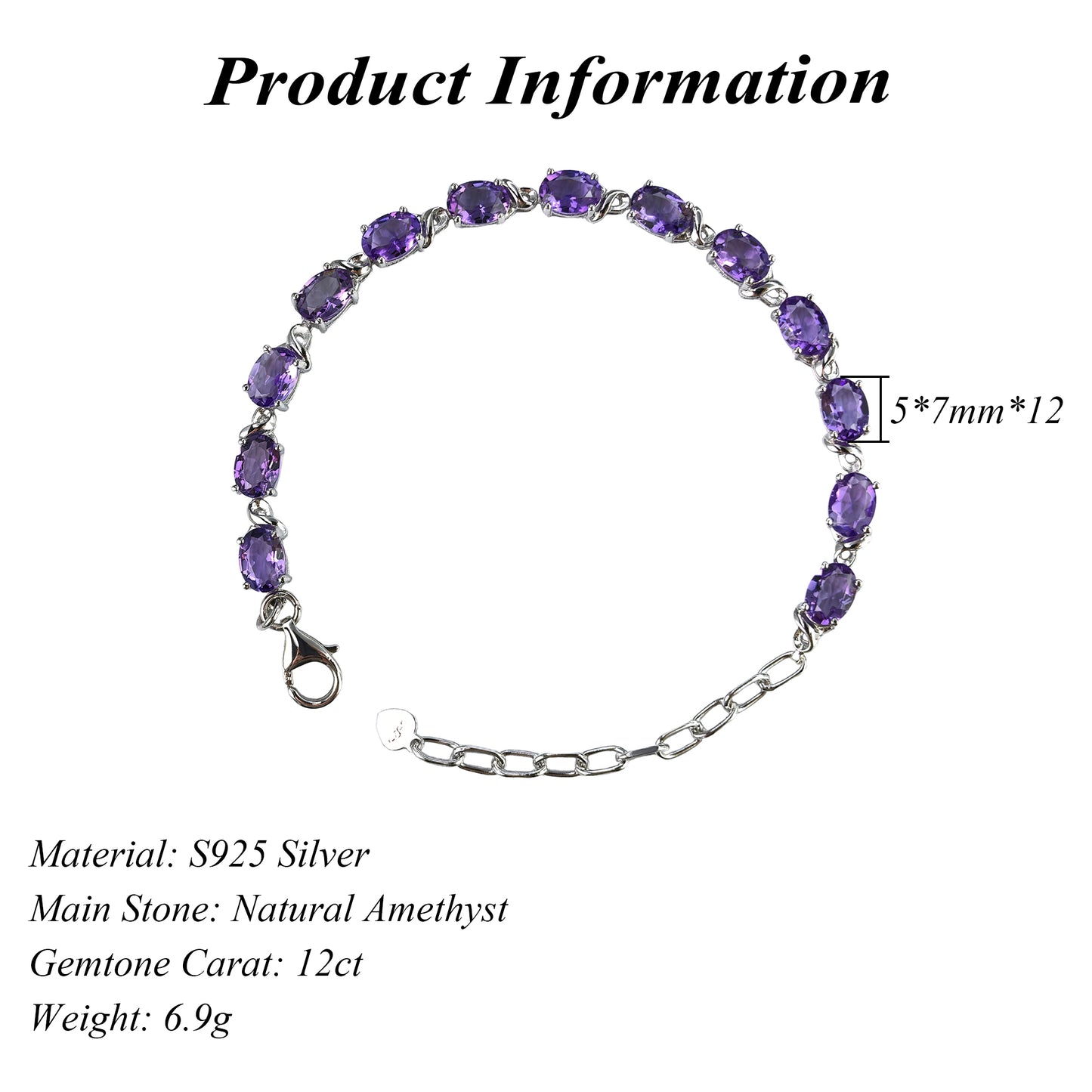 Charming Rhodium Plated Silver 925 Jewelry Natural Amethyst Bracelet
