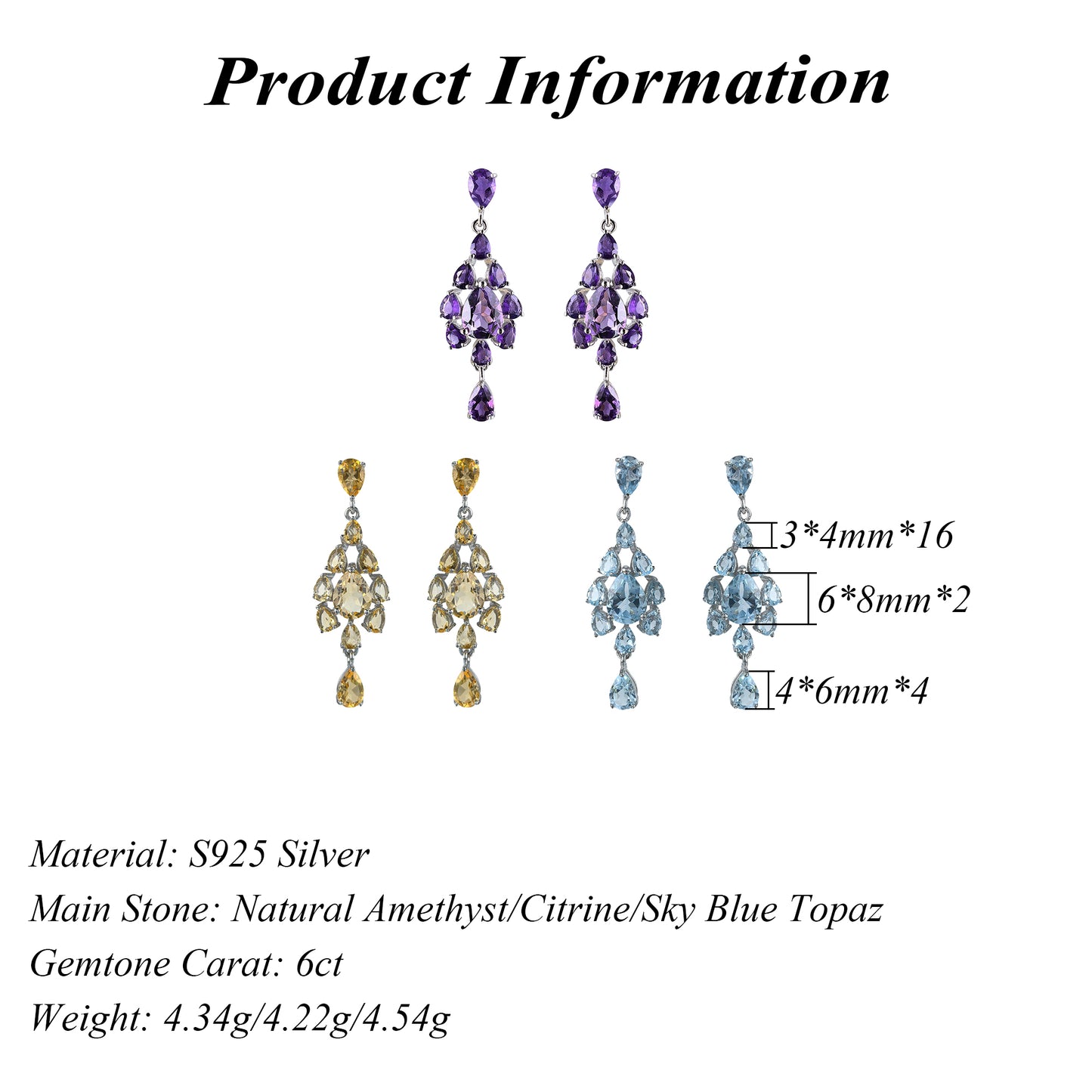 Trendy 925 Silver Natural Amethyst/Citrine/Sky Blue Topaz Drop Earrings