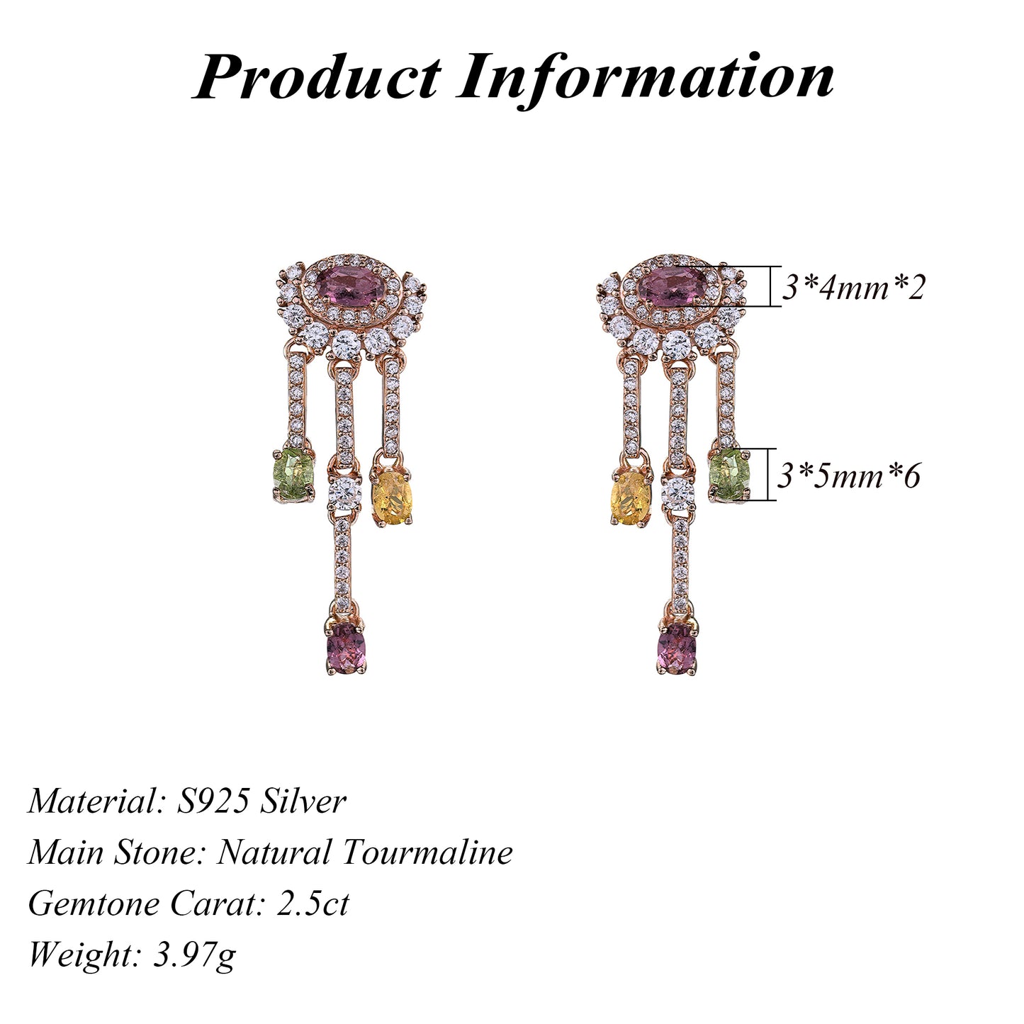 Rose Gold Plated S925 Silver Natural Tourmaline Evil's Eye Drop Earrings