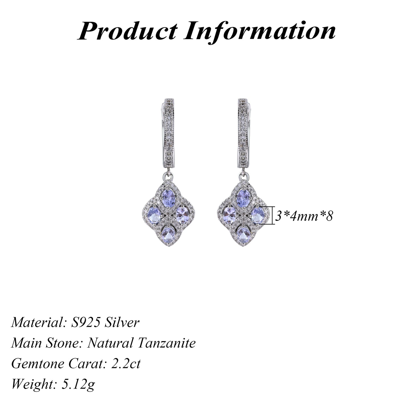 Elegant 925 Silver Rhodium Plated Four Leaf Clover Natural Tanzanite Drop Earrings