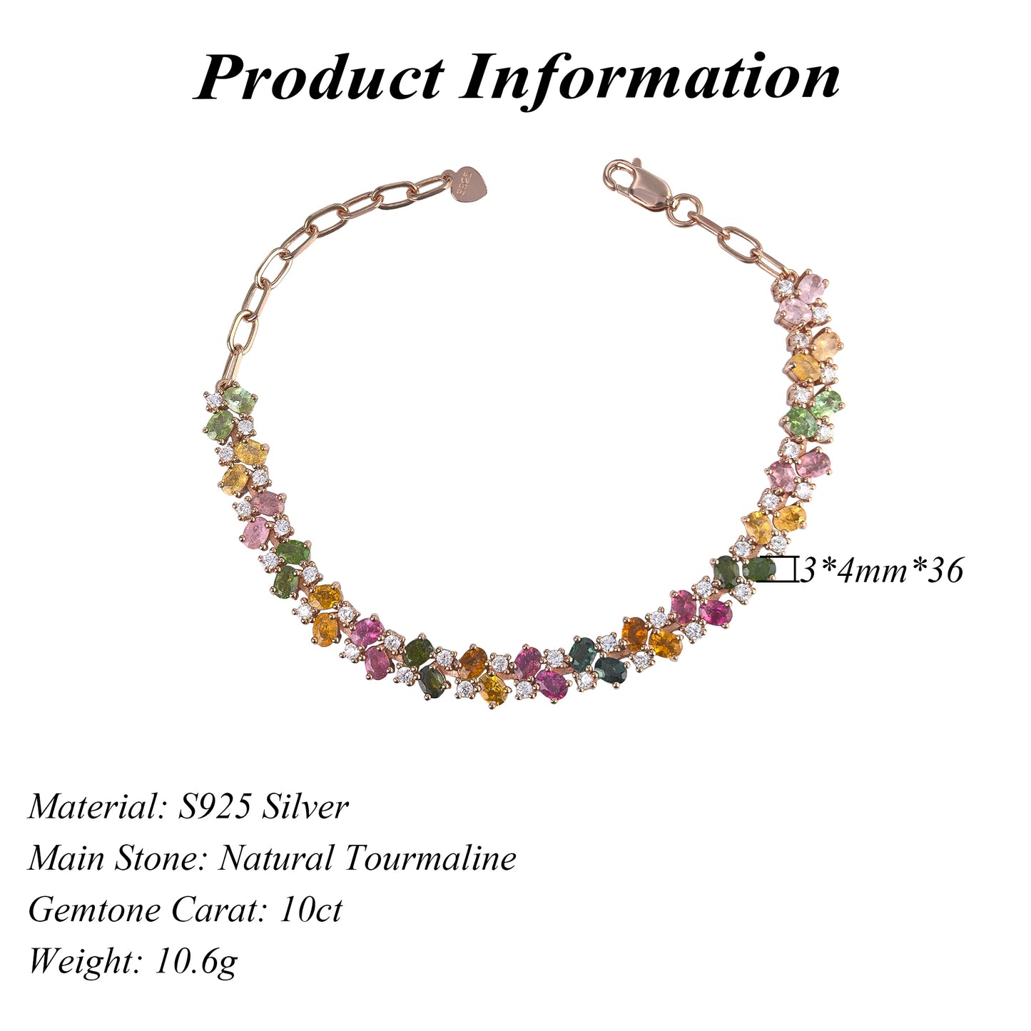 Gorgeous Rose Gold Plated Silver 925 Jewelry Natural Tourmaline Bracelet