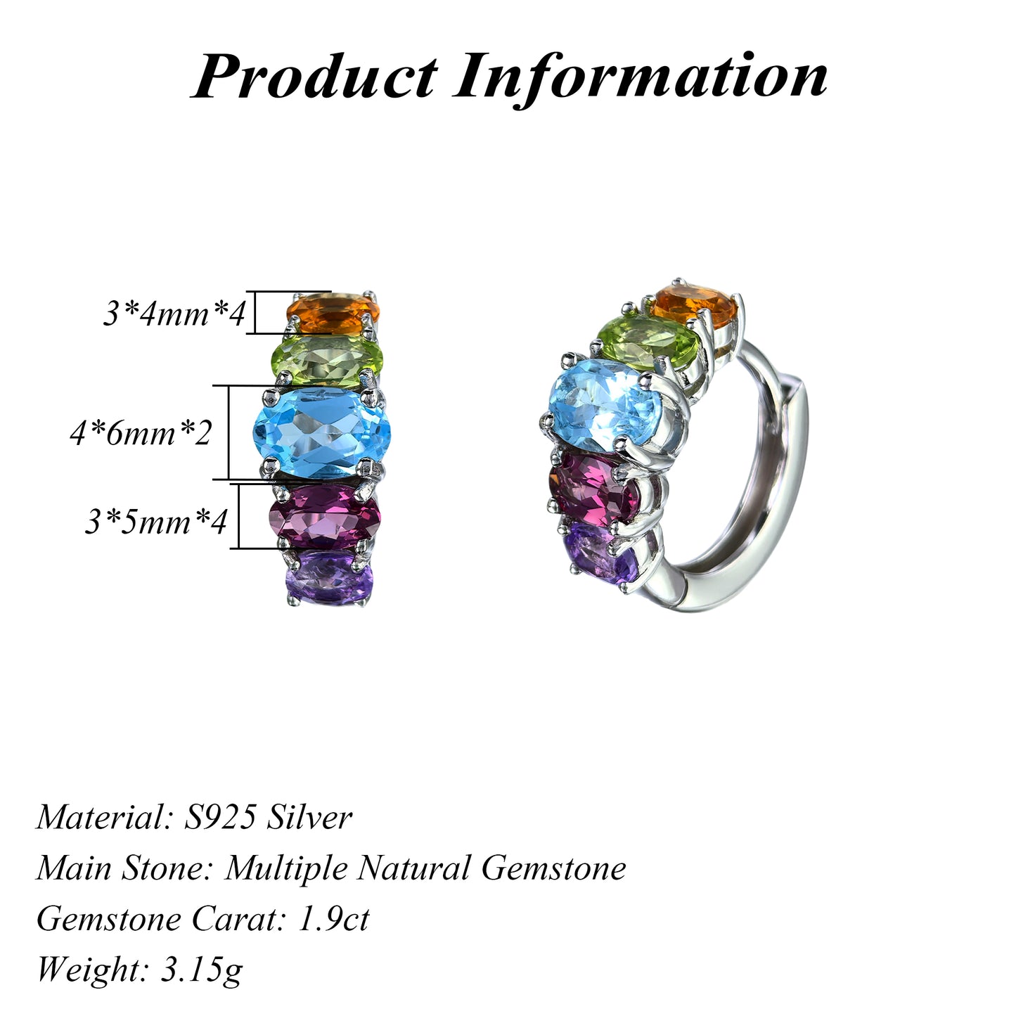 Exquisite Rhodium Plated Silver 925 Jewelry Multiple Natural Gemstone Hoop Earrings