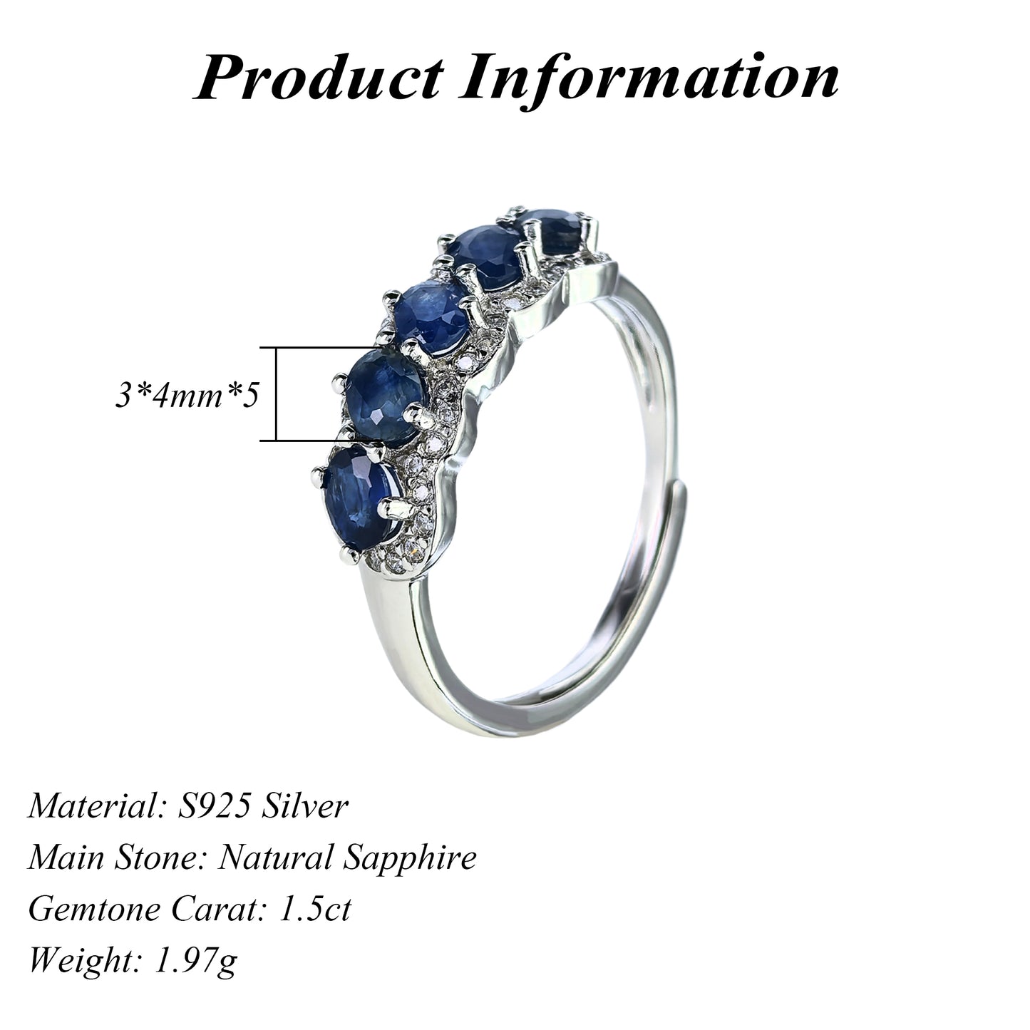 Charming Rhodium Plated 925 Silver Jewelry Natural Sapphire Ring