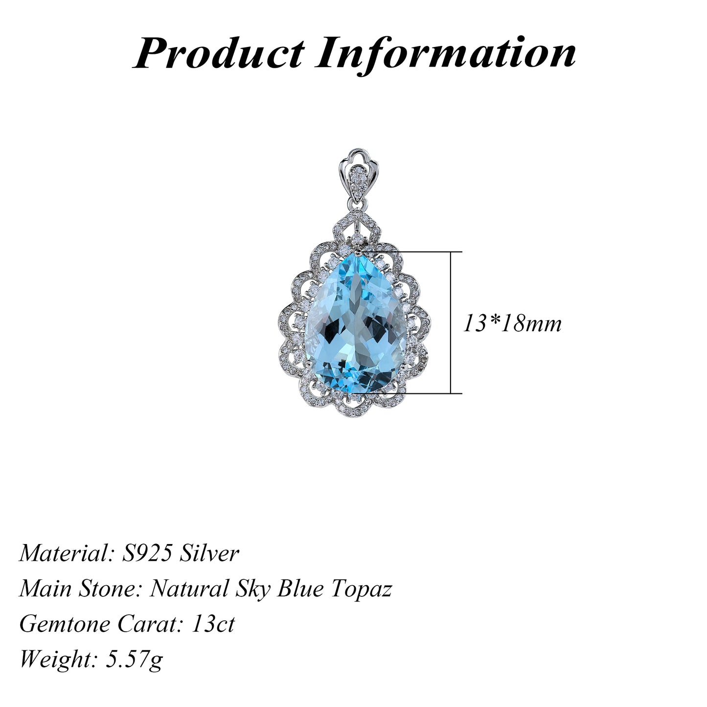Classical Rhodium Plated 925 Sterling Silver Natural Sky Blue Topaz Pendant