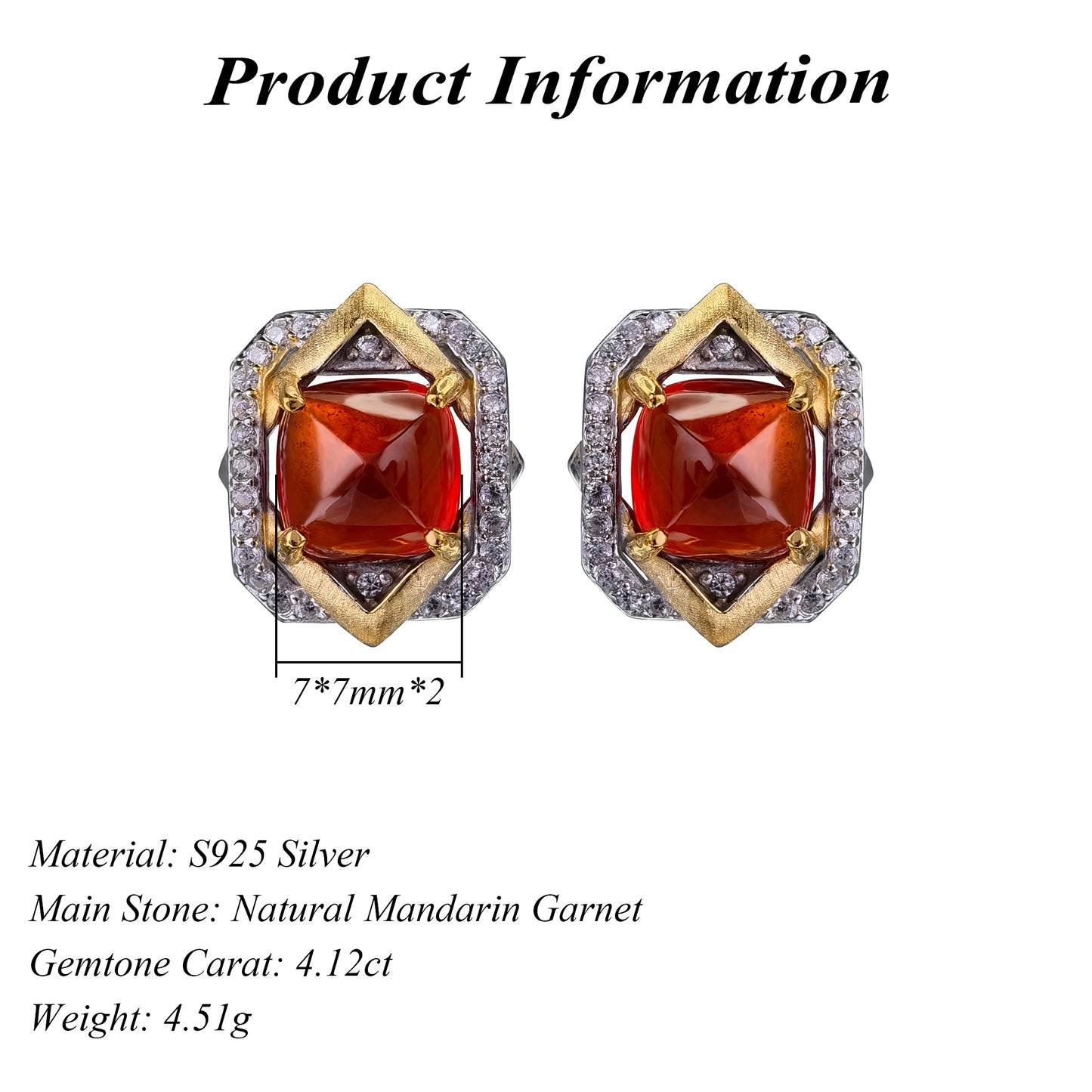 Charming Dual Color Plated 925 Silver Natural Mandarin Garnet Stud Earrings