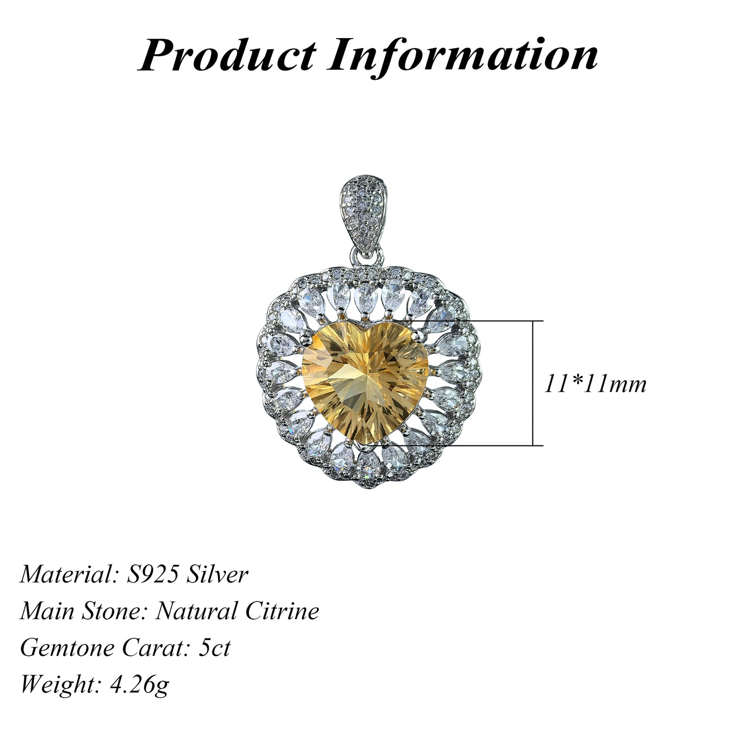 Charming Rhodium Plated 925 Silver Jewelry Natural Citrine Heart Pendant