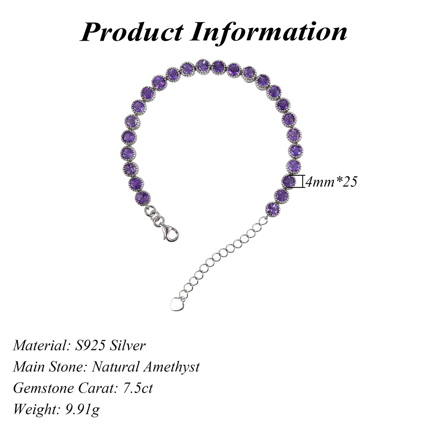 Elegant Rhodium Plated Silver 925 Jewelry Natural Amethyst Bracelet