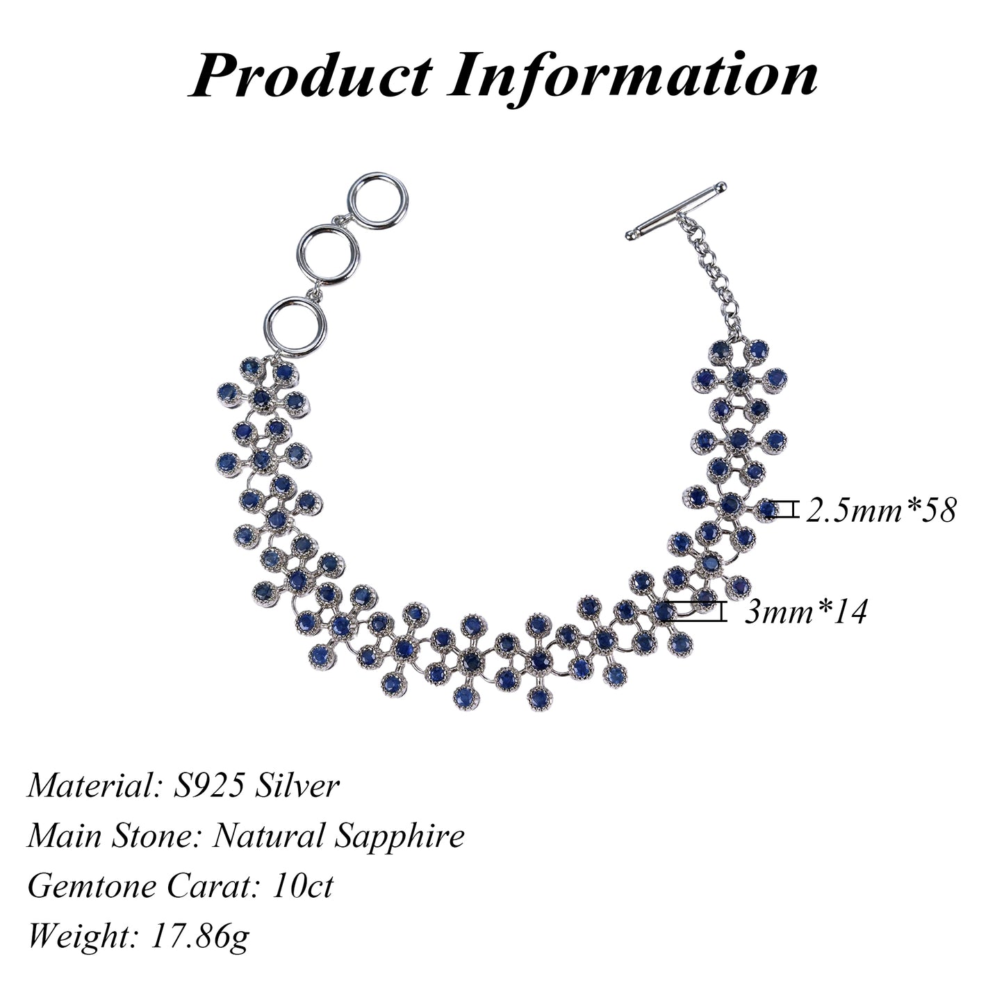 Luxurious Rhodium Plated 925 Sterling Silver Natural Sapphire Bracelet