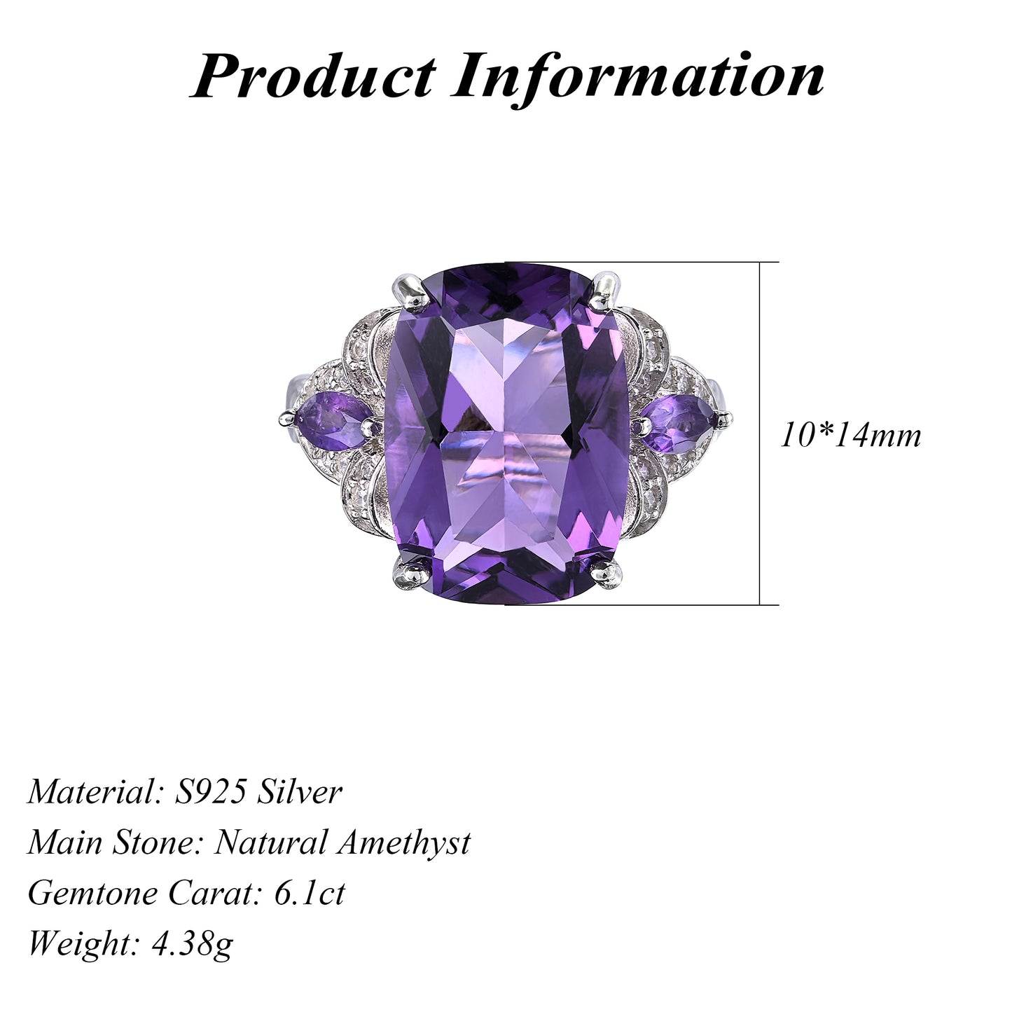 Silver 925 Jewelry Ring Precious Rhodium Plated with Natural Amethyst