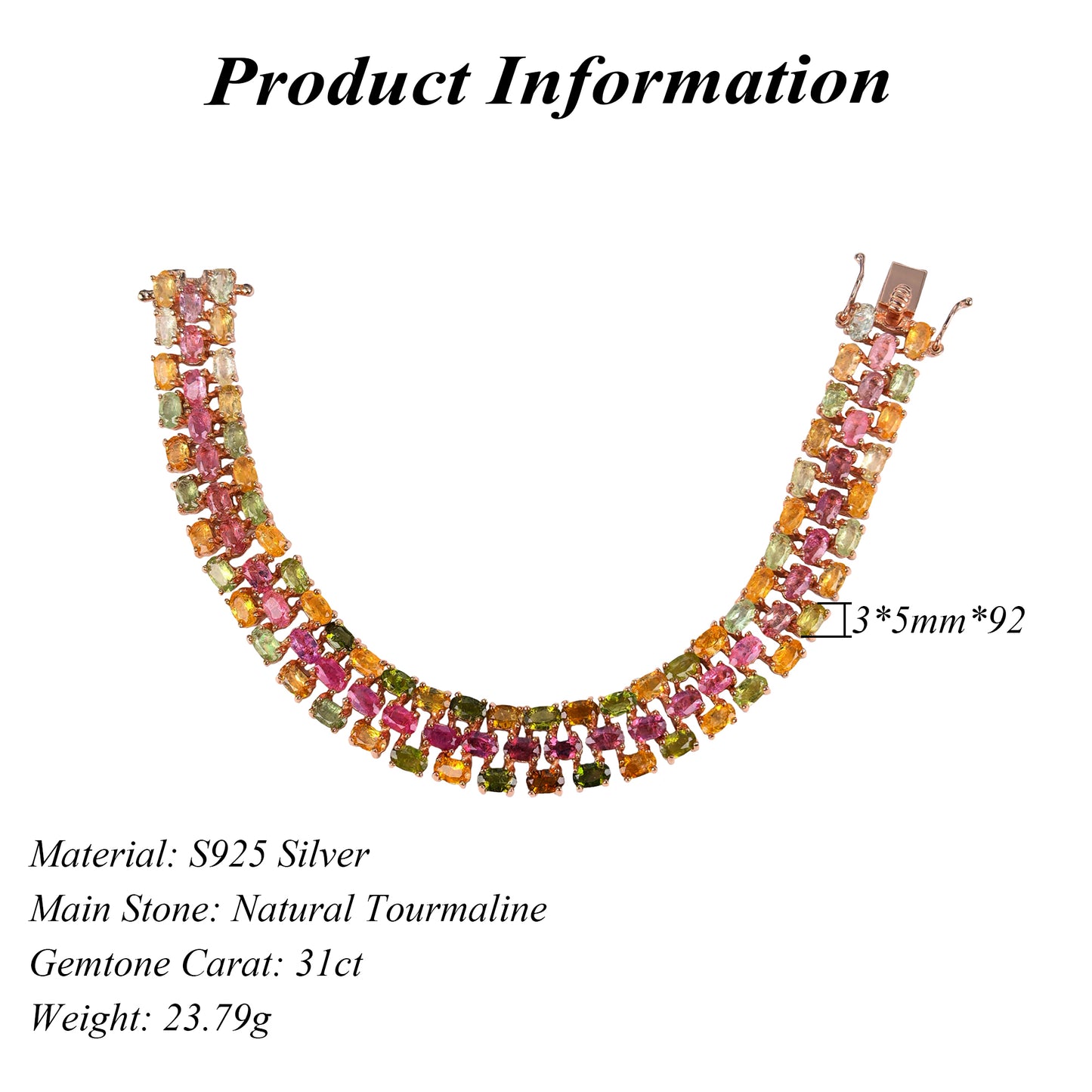 Luxurious Rose Gold Plated Silver 925 Jewelry Natural Tourmaline Bracelet