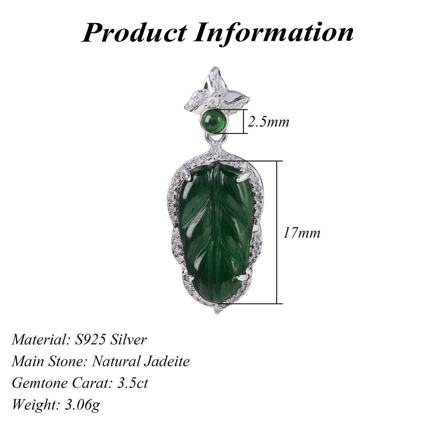 Opulent Rhodium Plated 925 Silver Jewelry Natural Jadeite Leaf Pendant