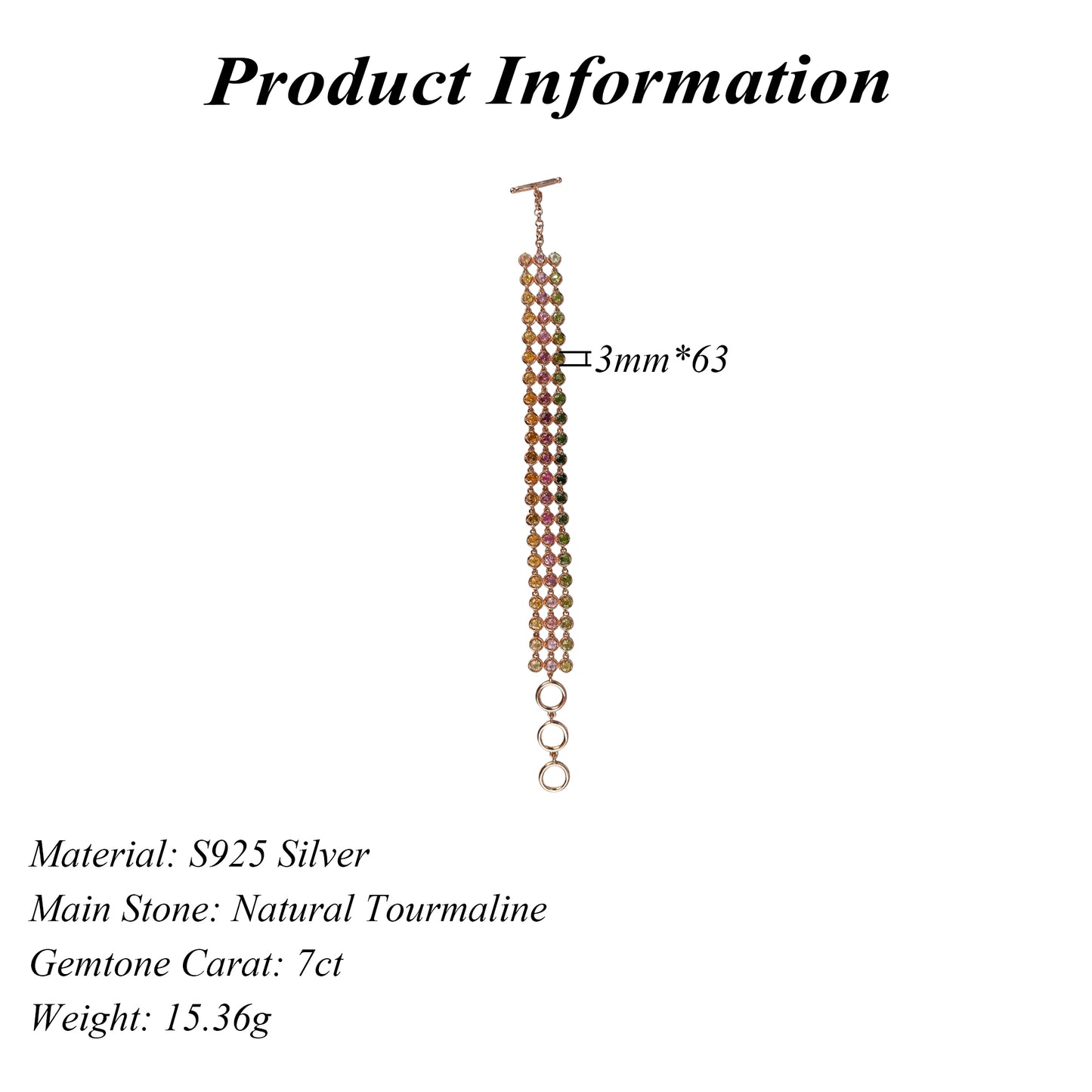 Delicate Rose Gold Plated Silver 925 Jewelry Natural Tourmaline Bracelet