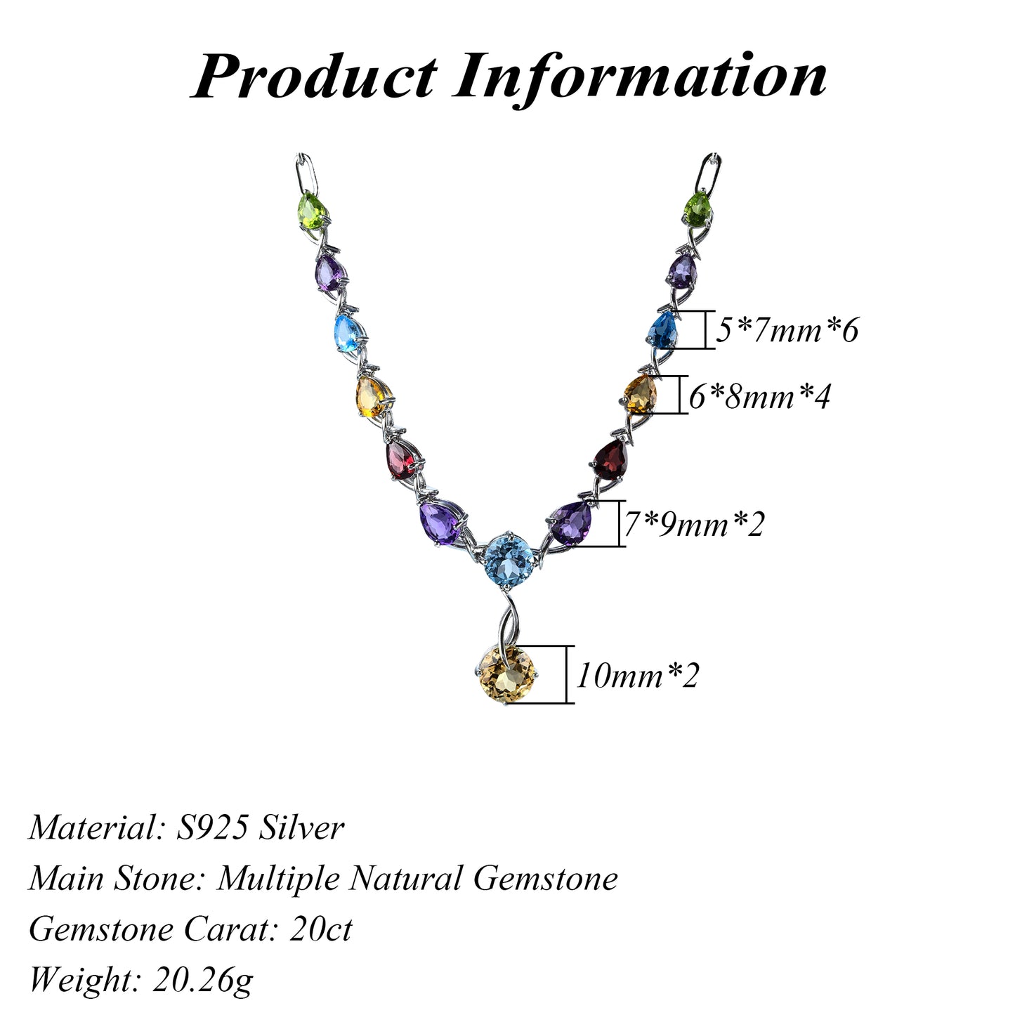 Luxurious Rhodium Plated Silver 925 Jewelry Multiple Natural Gemstone Necklace