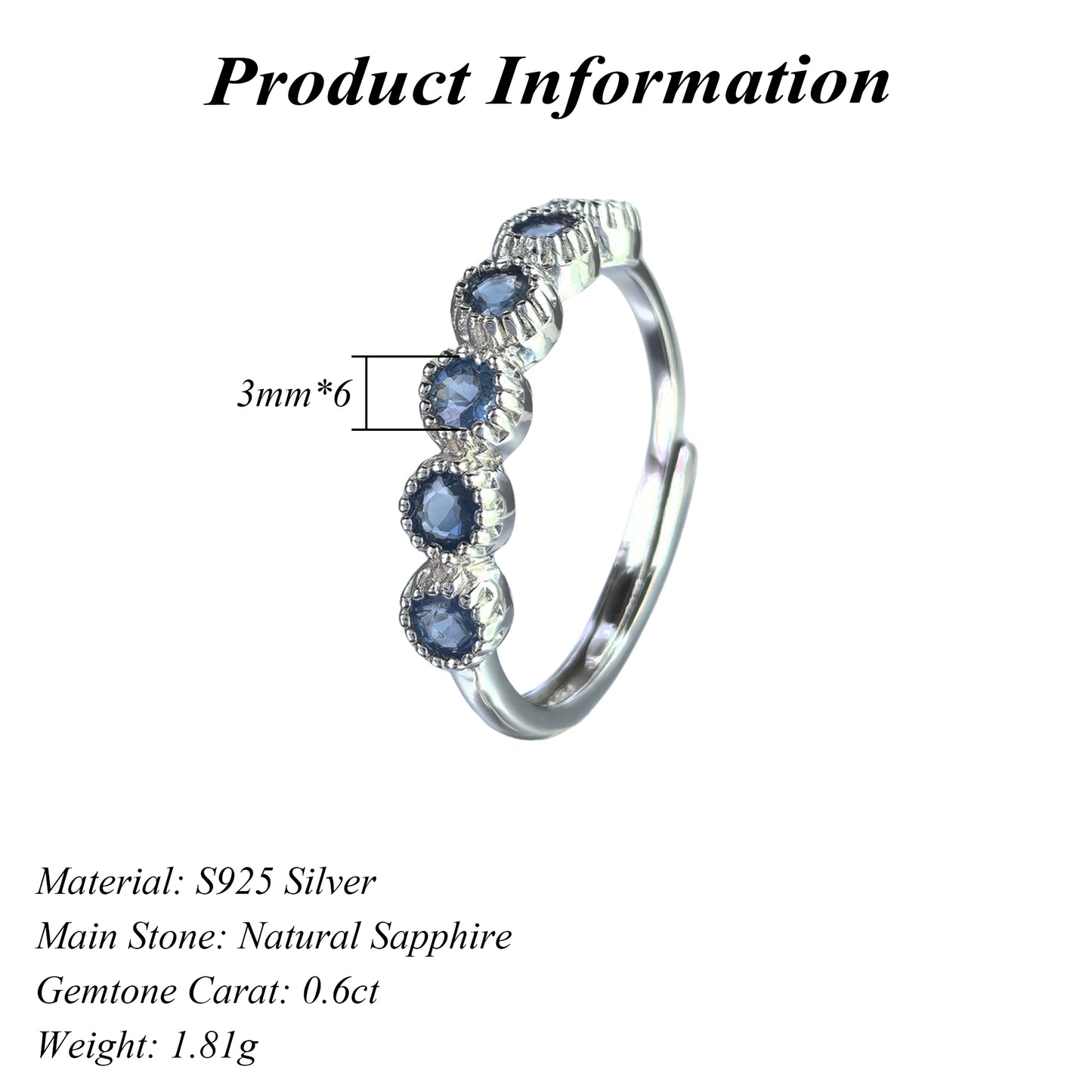 Delicate Rhodium Plated 925 Silver Jewelry Natural Sapphire Ring