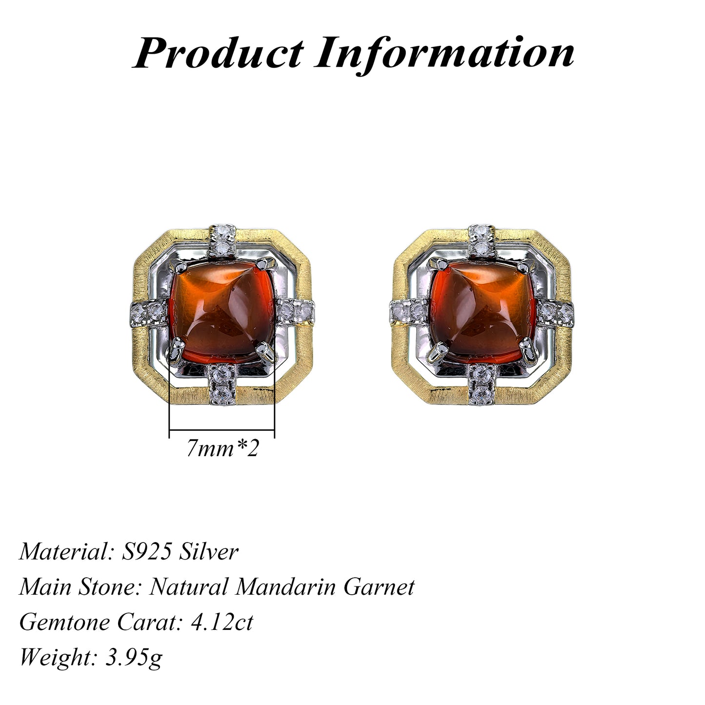 Vintage Dual Color Plated 925 Silver Jewelry Natural Mandarin Garnet Stud Earrings