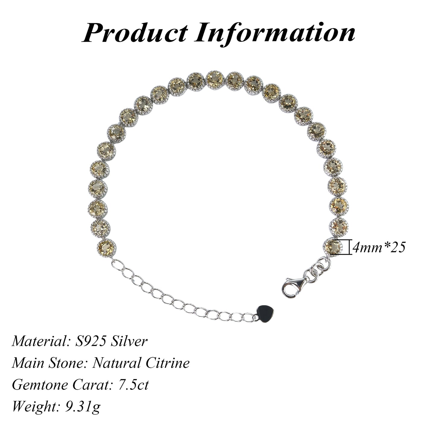 Delicate Rhodium Plated Silver 925 Jewelry Natural Citrine Bracelet