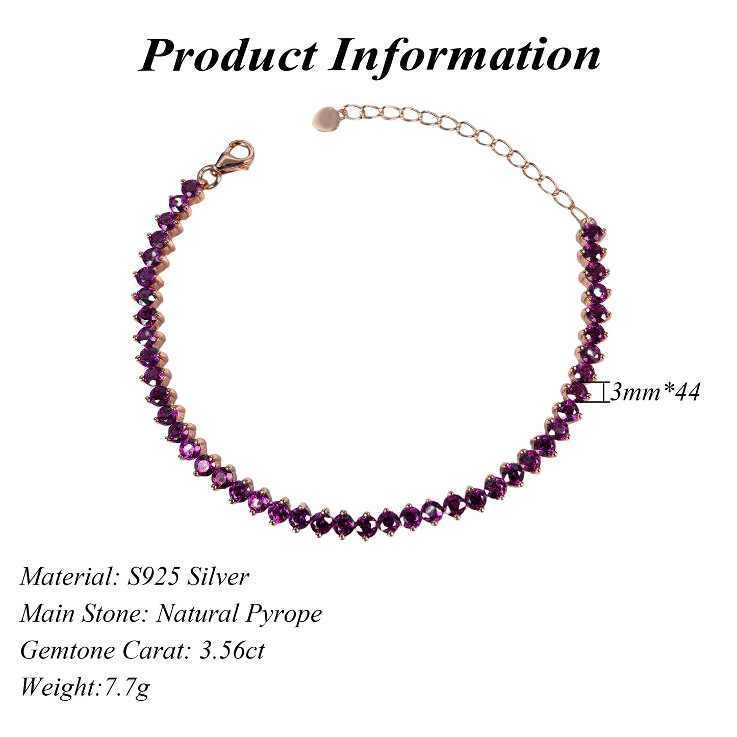 Dazzling Rose Gold Plated Silver 925 Jewelry Natural Pyrope Bracelet