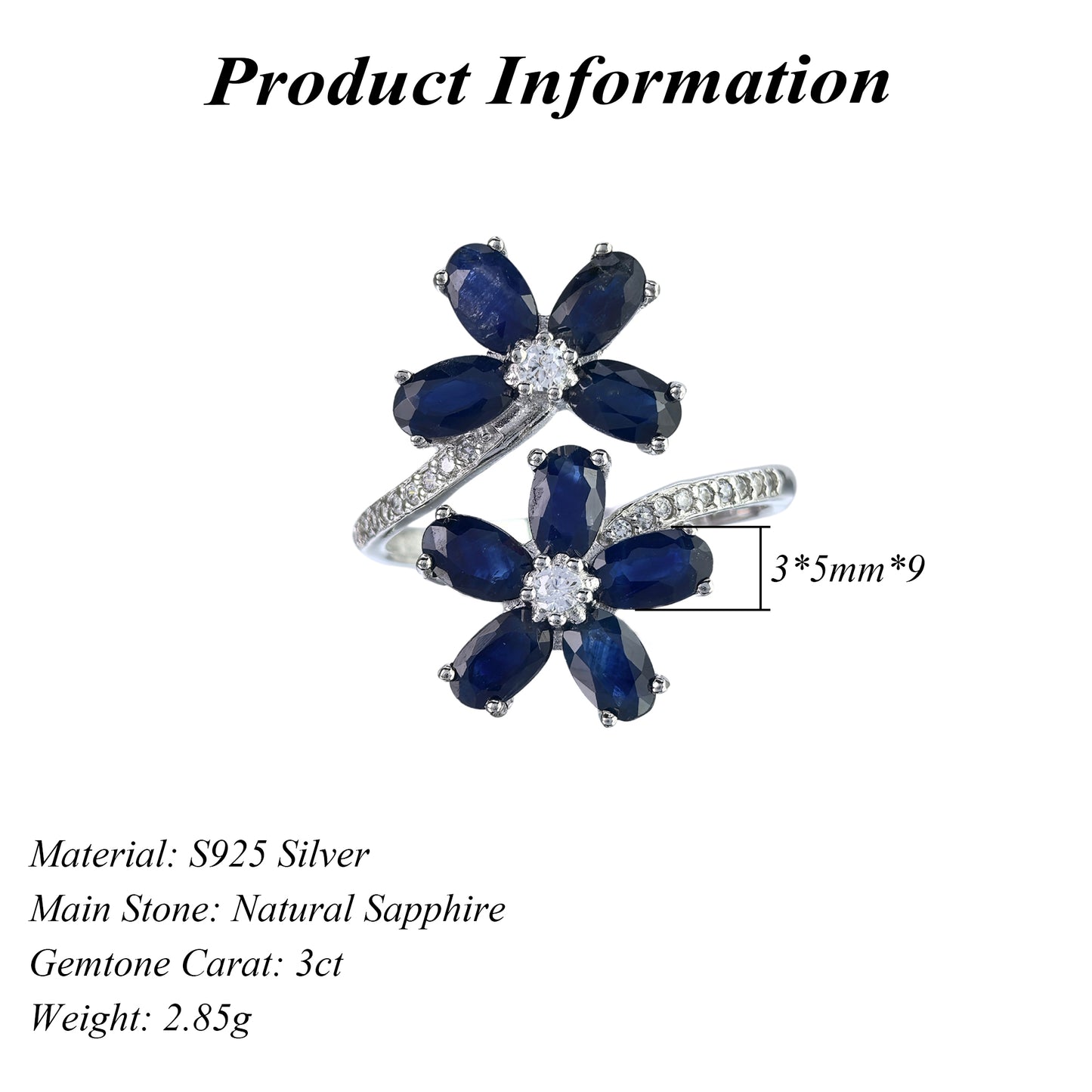 Elegant Rhodium Plated 925 Silver Jewelry Natural Sapphire Flower Ring