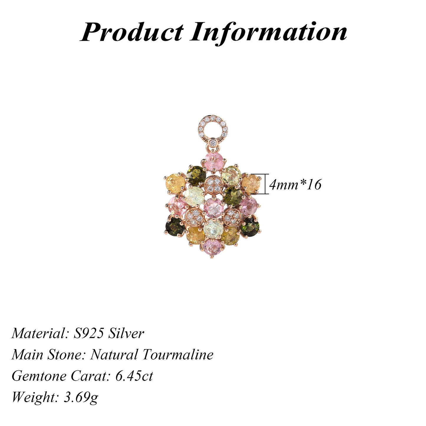 Delicate Rose Gold Plated 925 Sterling Silver Natural Tourmaline Pendant