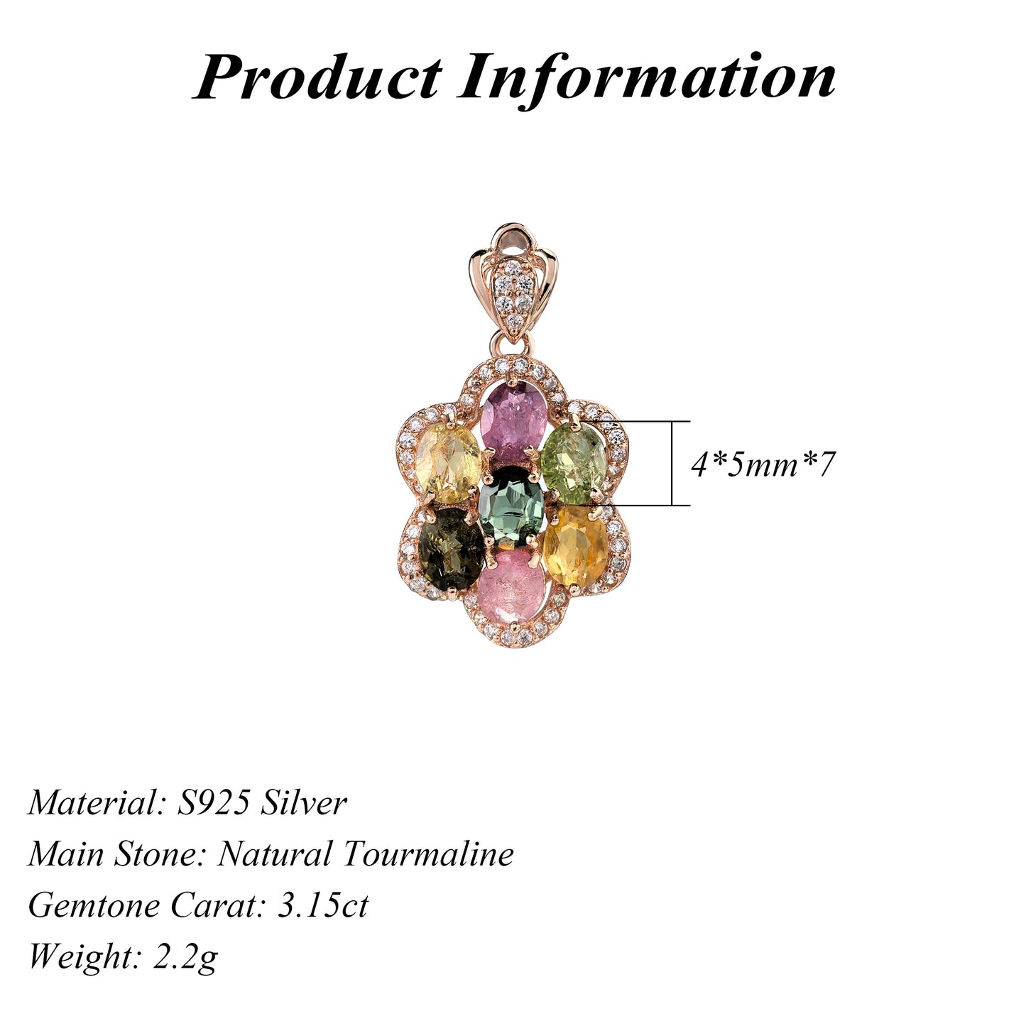 Elegant Rose Gold Plated 925 Sterling Silver Natural Tourmaline Flower Pendant