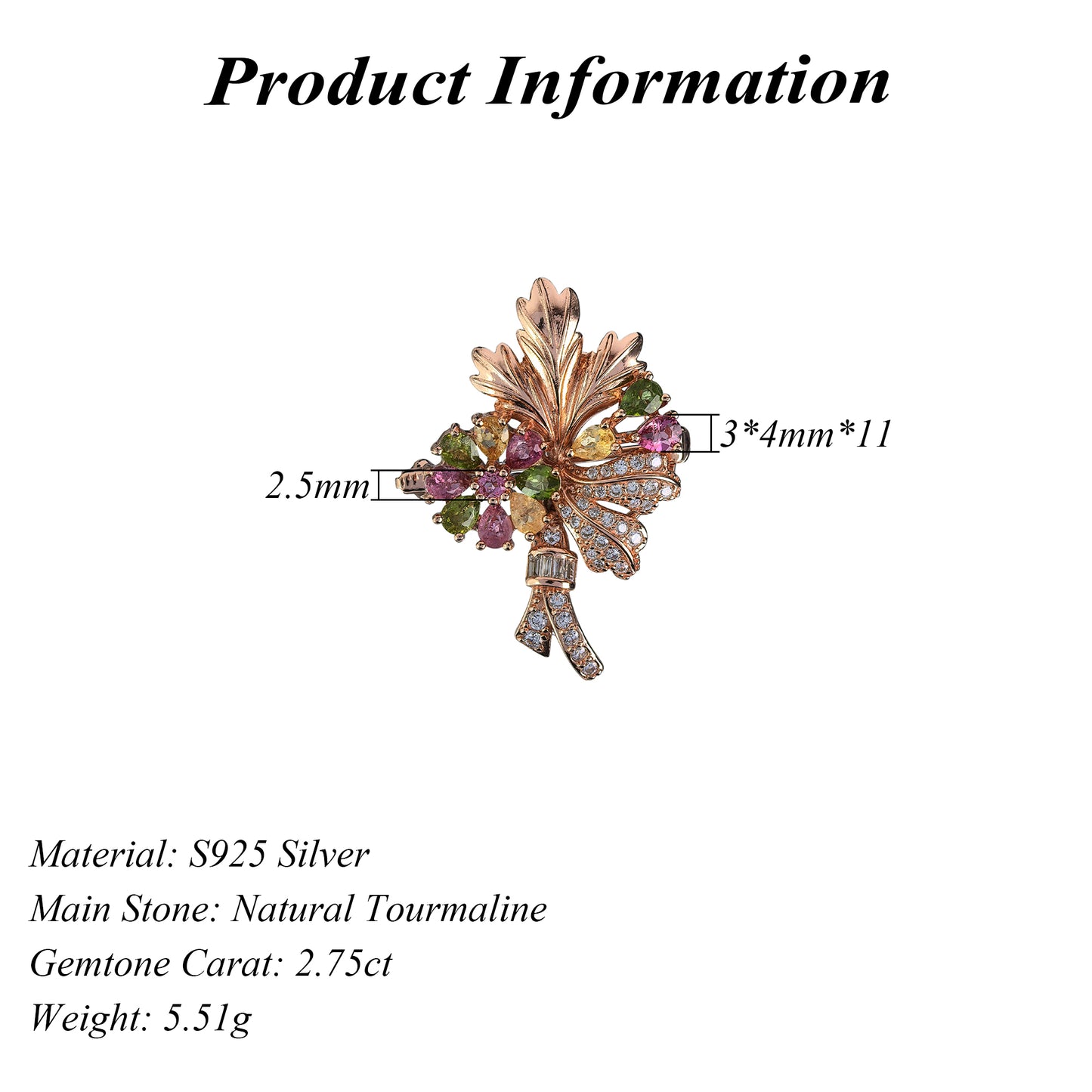 Delicate Rose Gold Plated Silver 925 Jewelry Natural Tourmaline Flower Brooch
