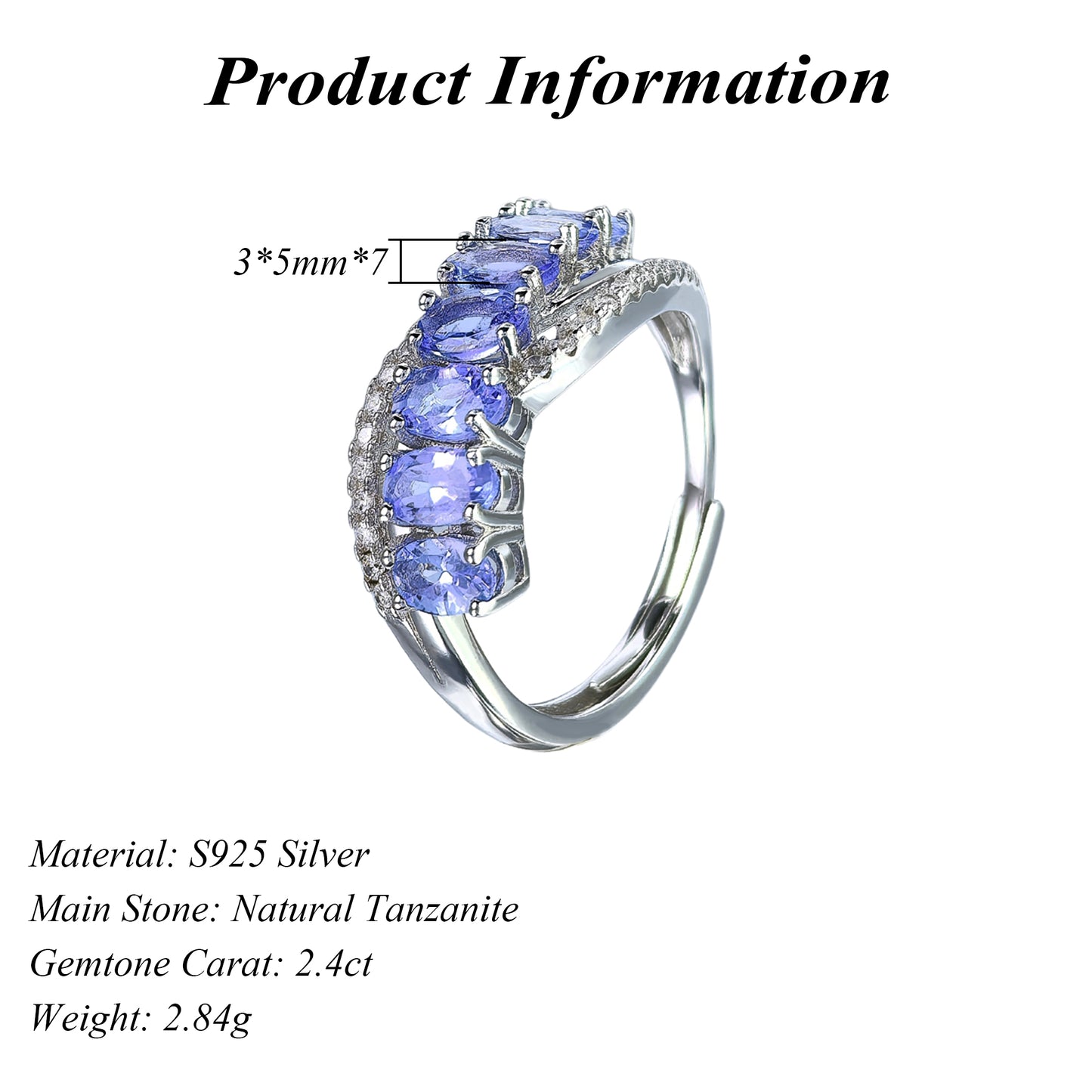 Graceful Rhodium Plated 925 Silver Jewelry Natural Tanzanite Ring
