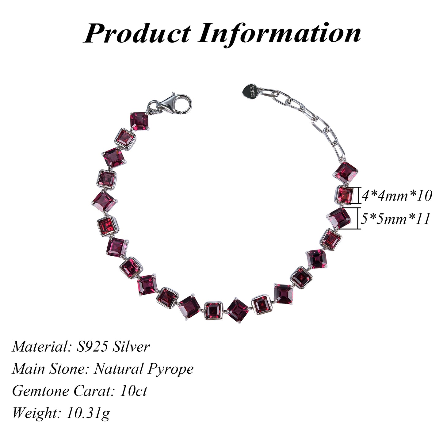 Exquisite Rhodium Plated 925 Sterling Silver Natural Pyrope Bracelet
